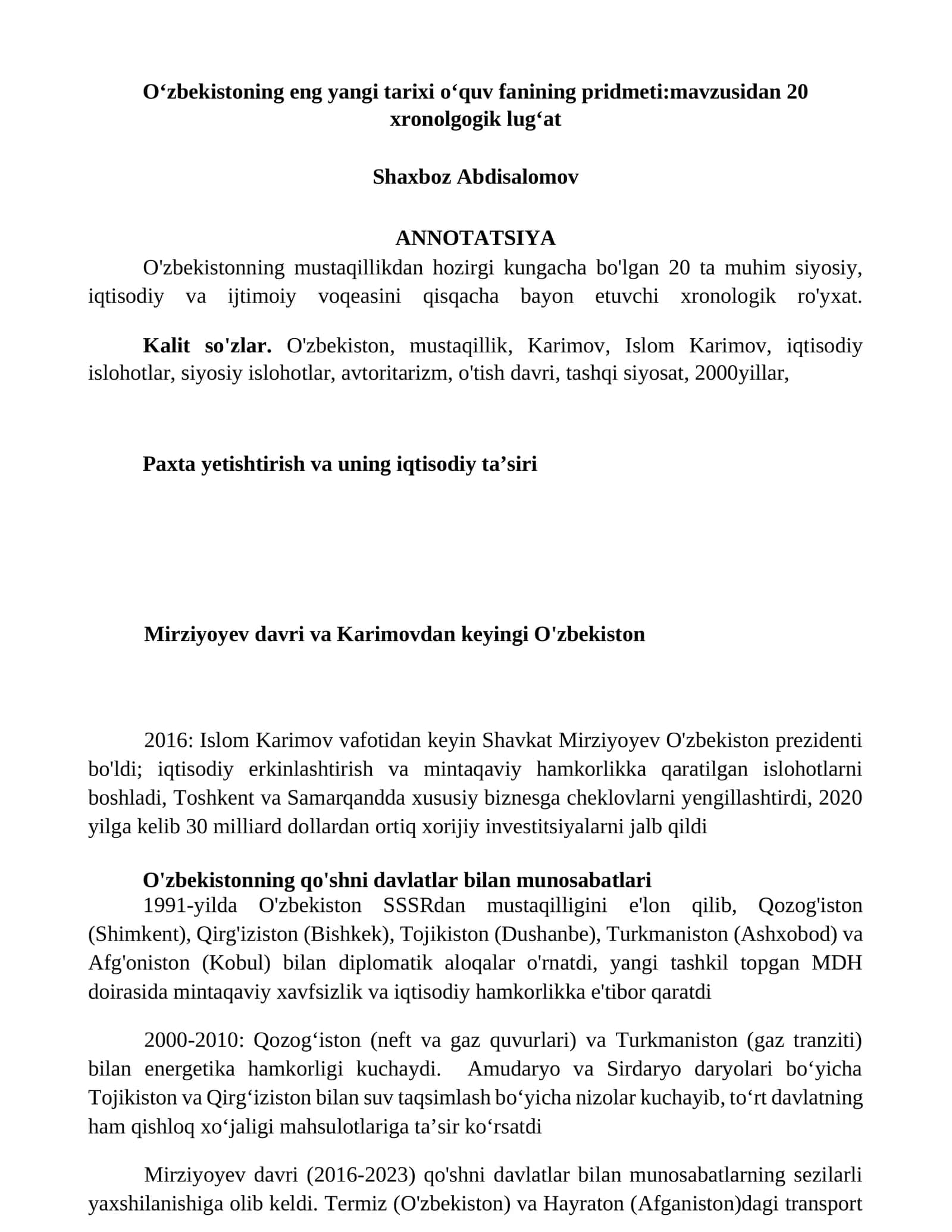Oʻzbekistoning eng yangi tarixi oʻquv fanining pridmeti:mavzusidan 20 xronolgogik lugʻat 1