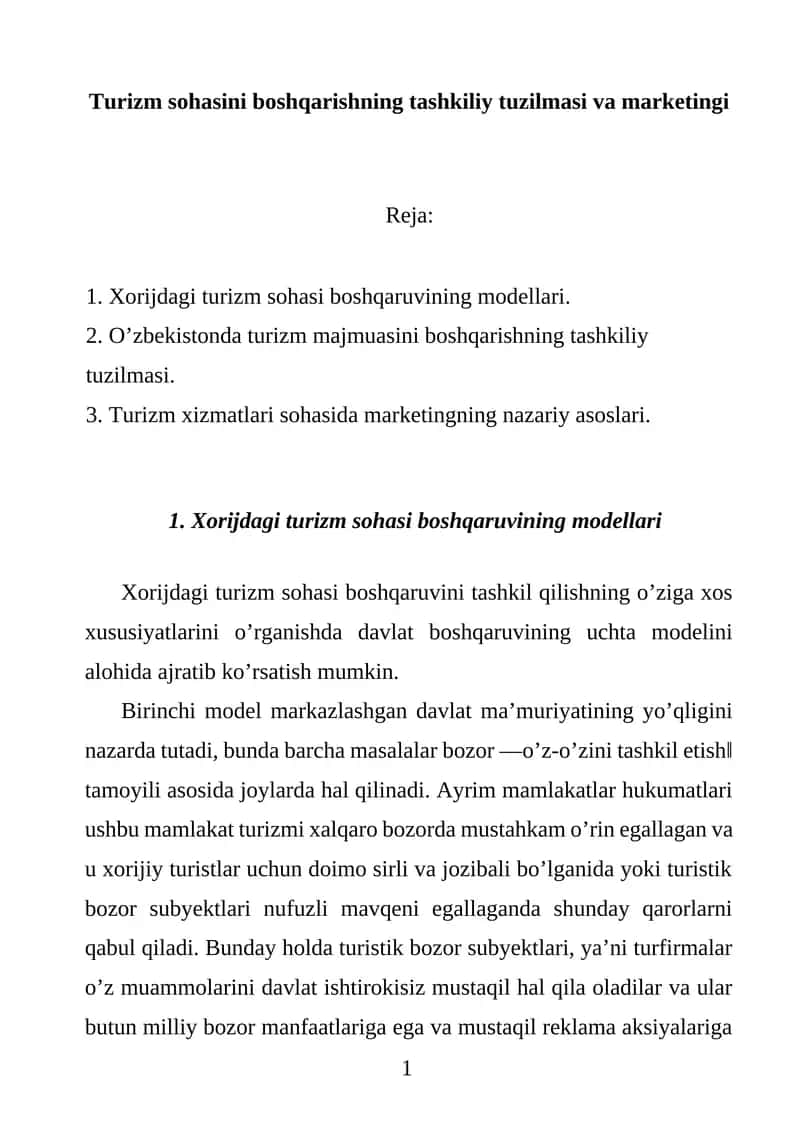 Turizm sohasini boshqarishning tashkiliy tuzilmasi va marketingi 1