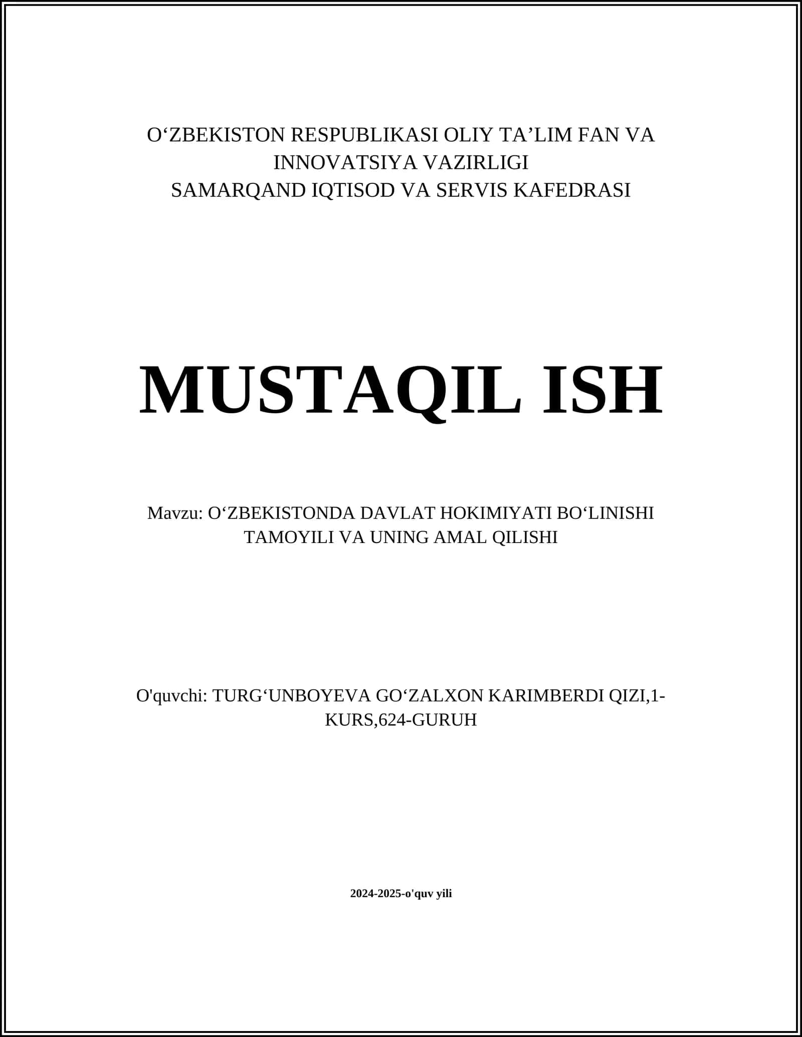 OʻZBEKISTONDA DAVLAT HOKIMIYATI BOʻLINISHI TAMOYILI VA UNING AMAL QILISHI 1