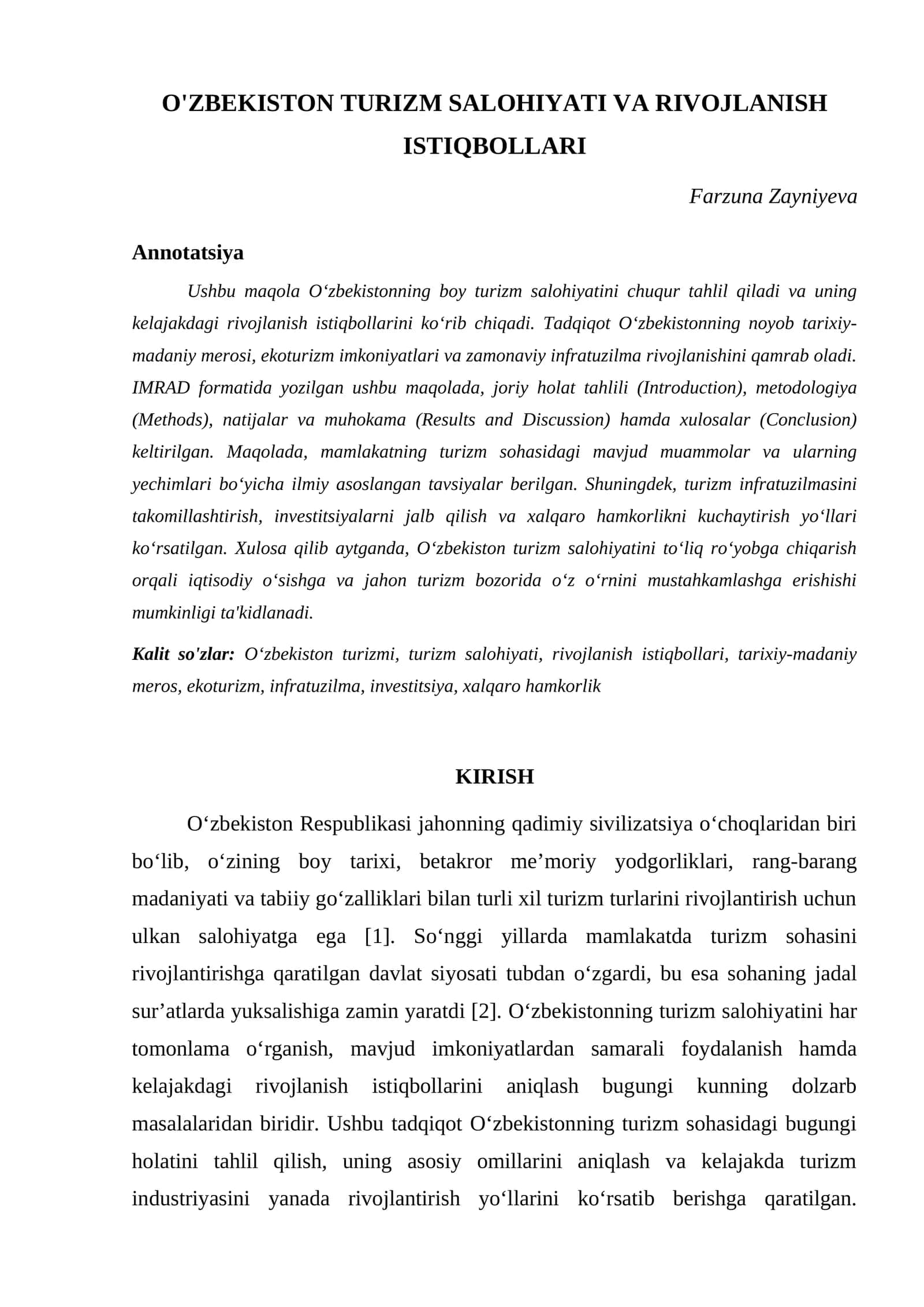 O'ZBEKISTON TURIZM SALOHIYATI VA RIVOJLANISH ISTIQBOLLARI 1
