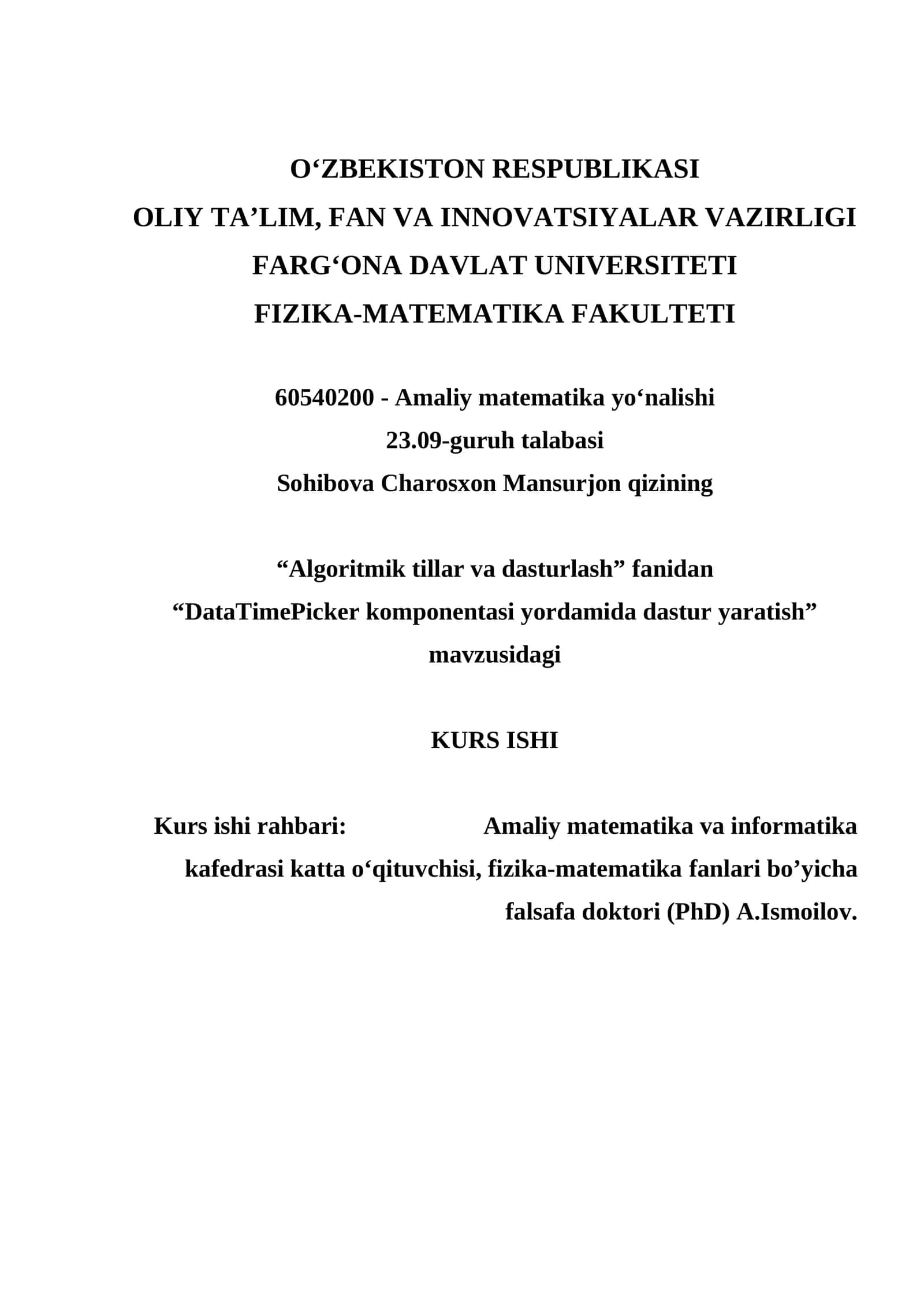 DataTimePicker komponentasi yordamida dastur yaratish 1