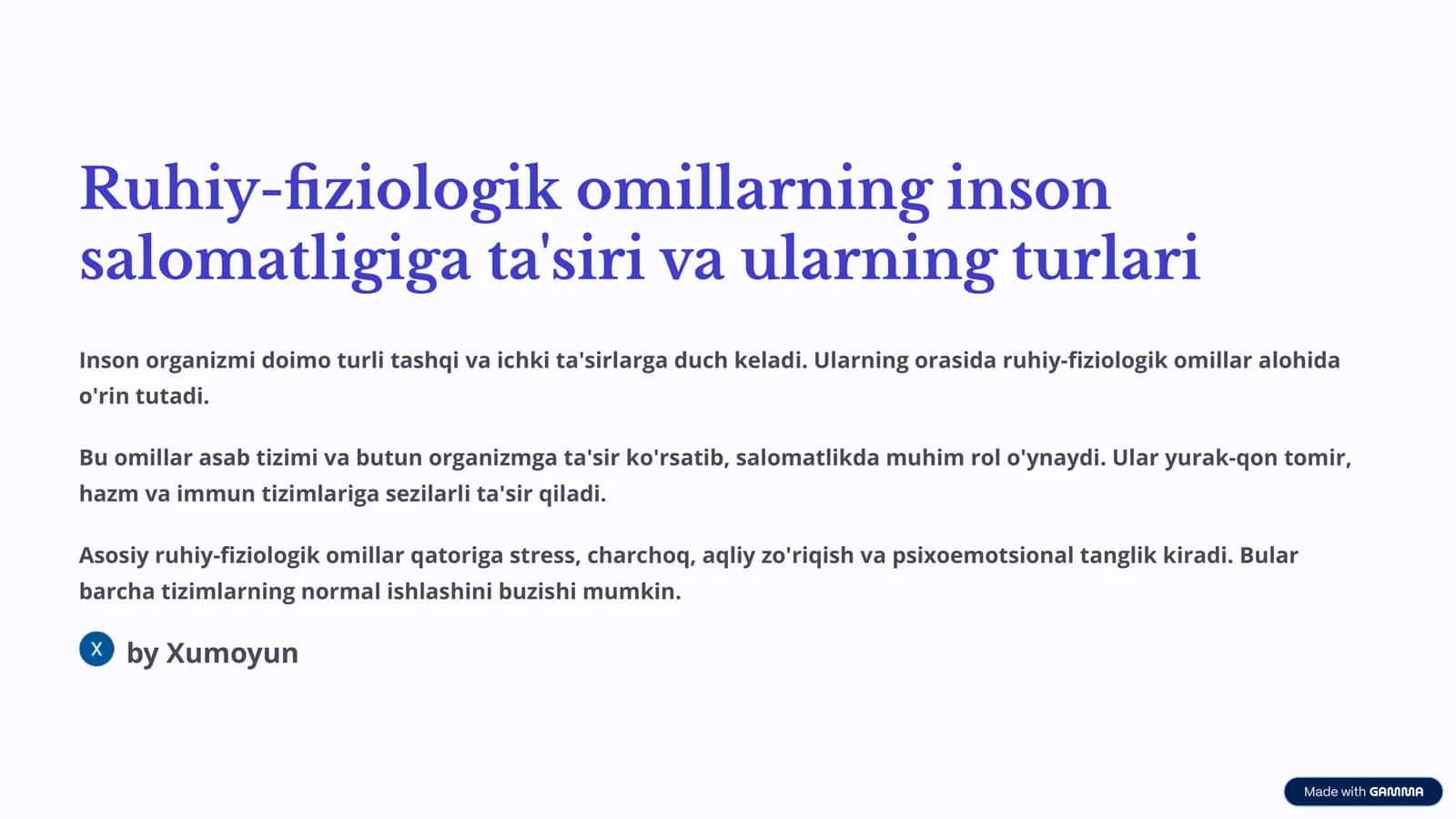 Ruhiy-fiziologik omillarning inson salomatligiga ta'siri va ularning turlari 1