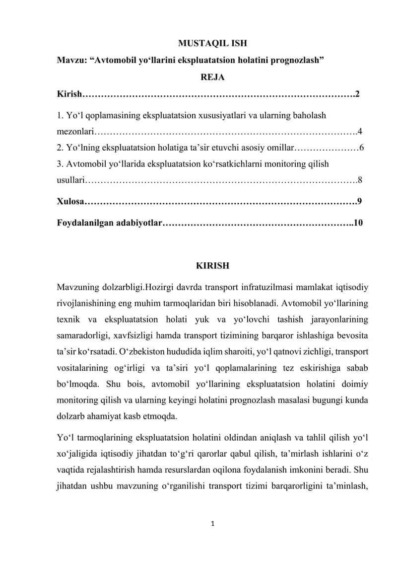 Avtomobil yo‘llarida ekspluatatsion ko‘rsatkichlarni monitoring qilish usullari 1