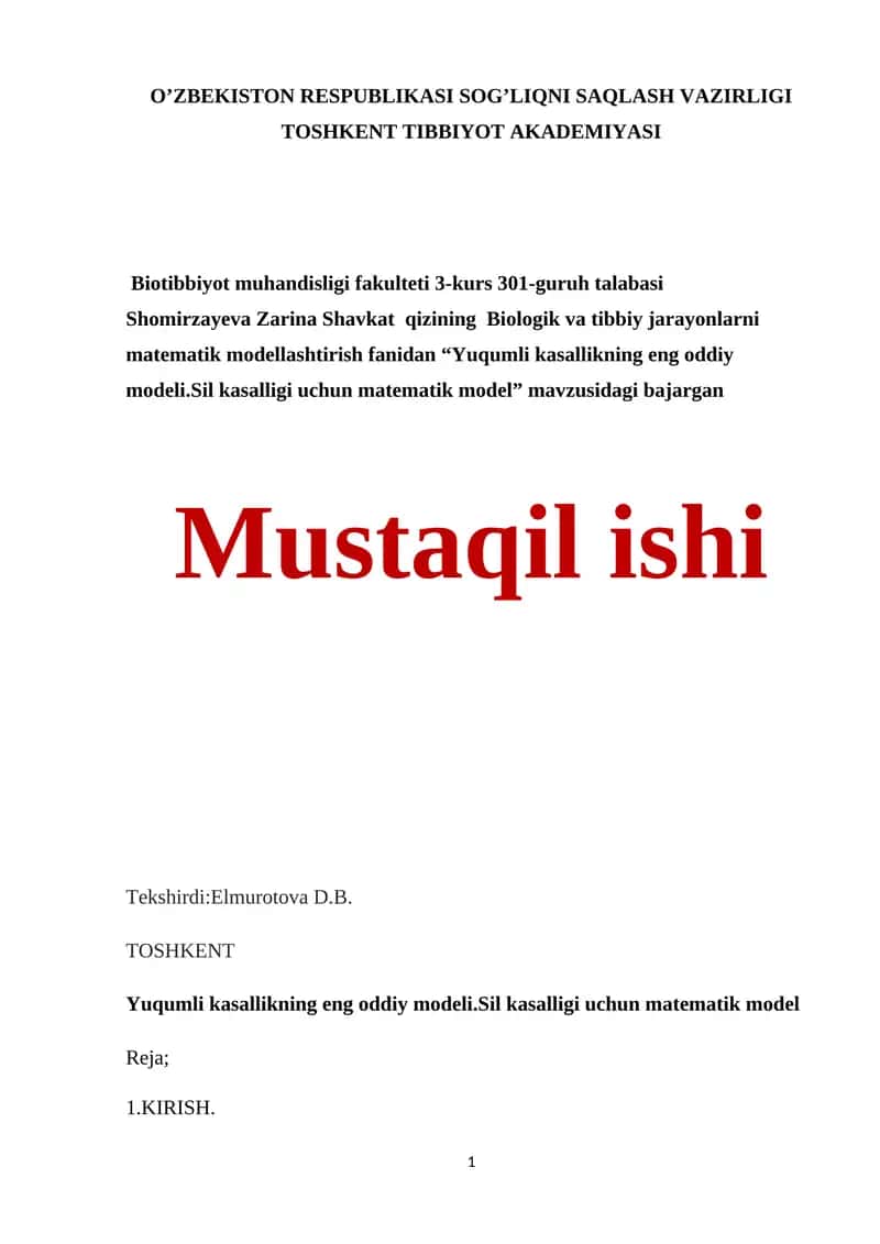 Yuqumli kasallikning eng oddiy modeli.Sil kasalligi uchun matematik model 1