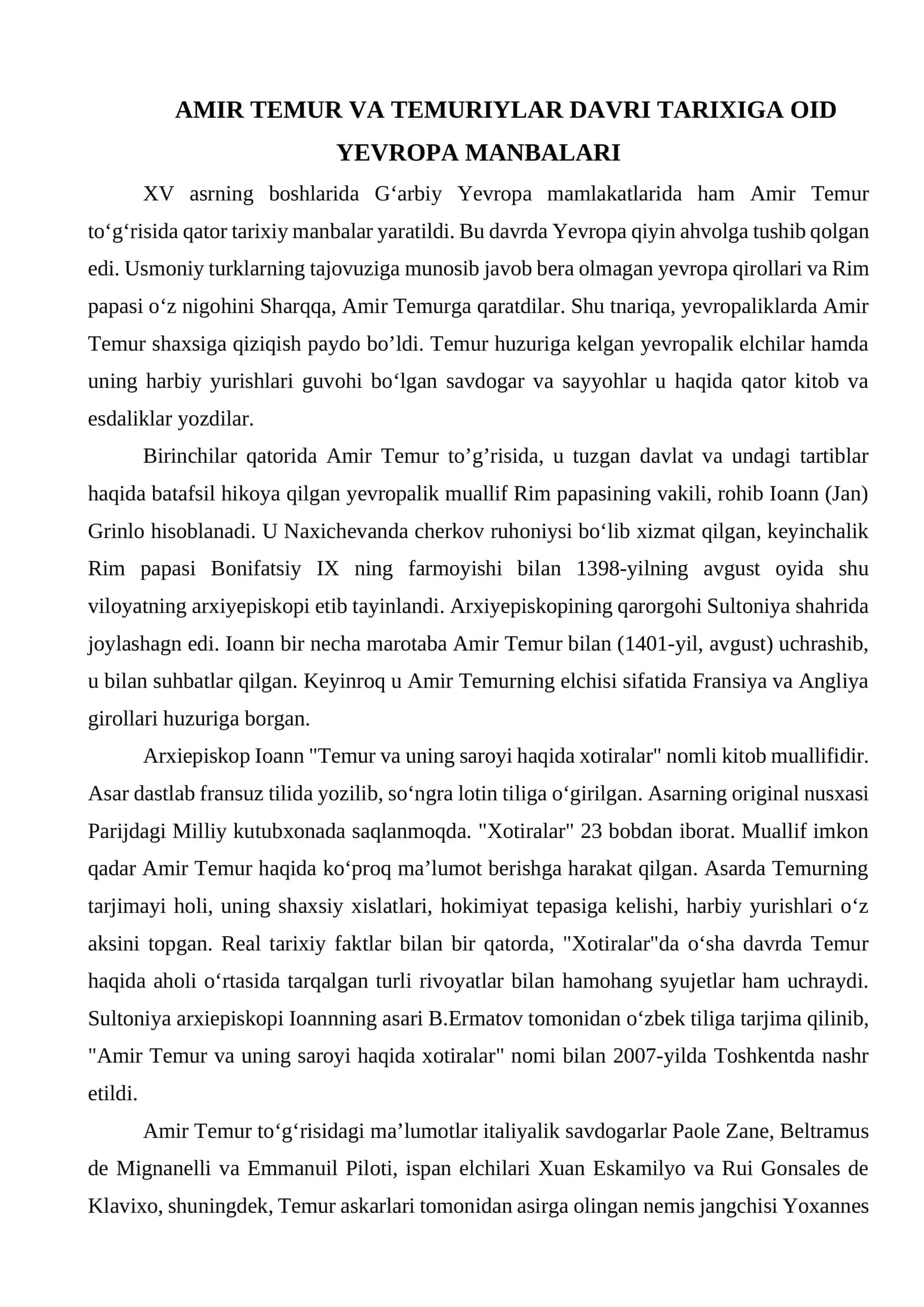 AMIR TEMUR VA TEMURIYLAR DAVRI TARIXIGA OID YEVROPA MANBALARI 1