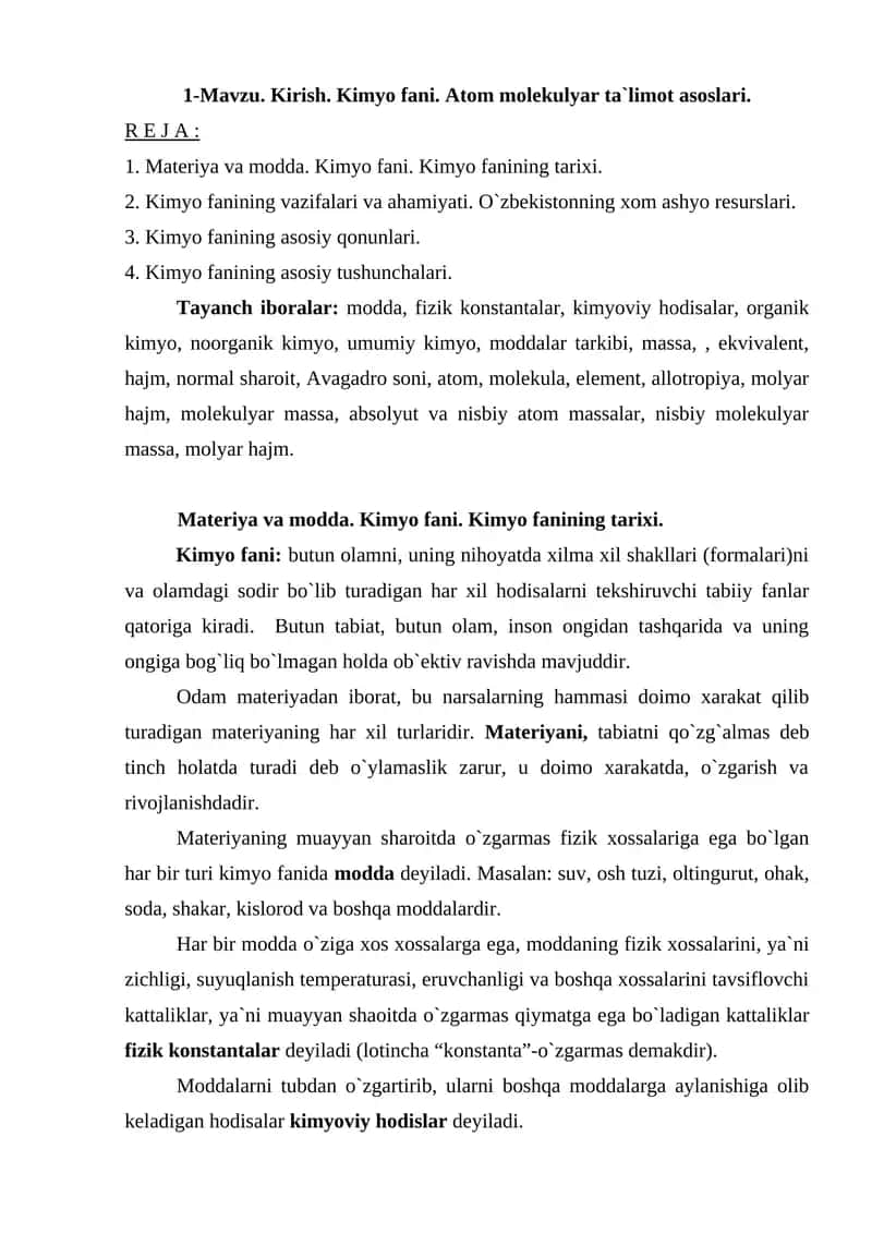 Kimyo fani: Atom molekulyar ta`limot asoslari 1