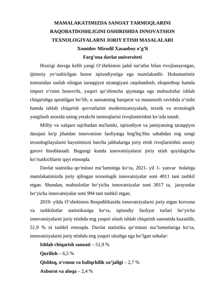 MAMALAKATIMIZDA SANOAT TARMOQLARINI RAQOBATDOSHLIGINI OSHIRISHDA INNOVATSION TEXNOLOGIYALARNI JORIY ETISH MASALALARI 1