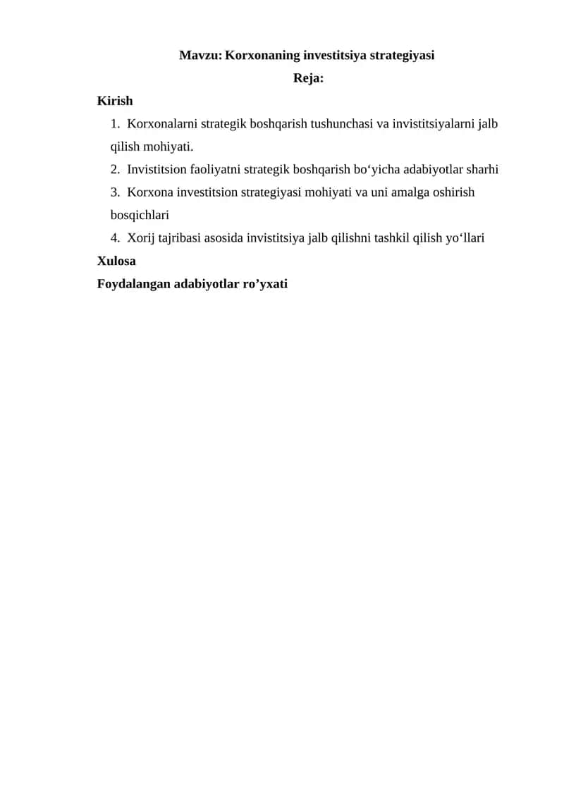 Korxonaning investitsiya strategiyasi 1