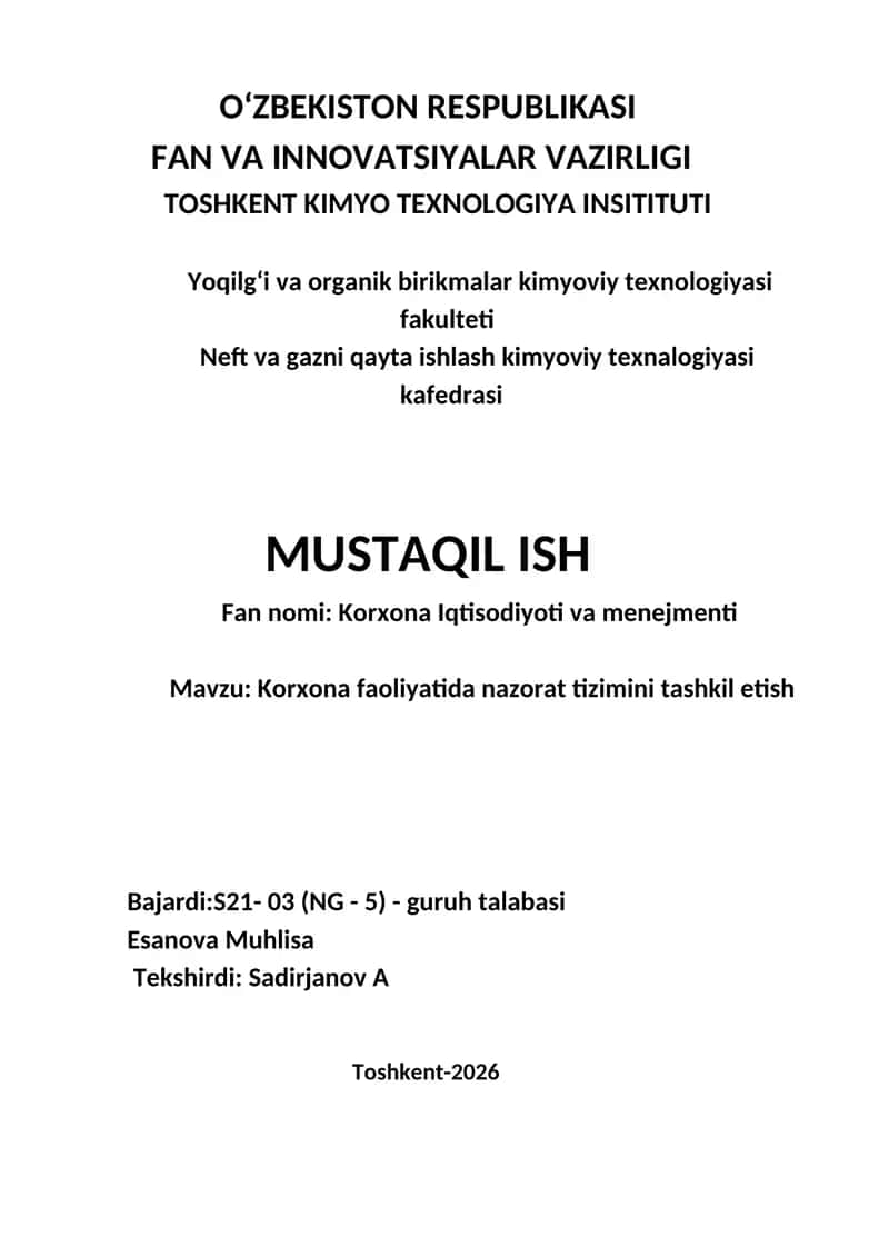 Korxona faoliyatida nazorat tizimini tashkil etish 1
