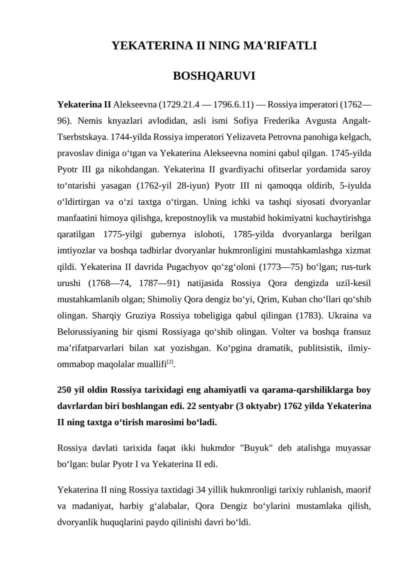 YEKATERINA II NING MA'RIFATLI BOSHQARUVI 1