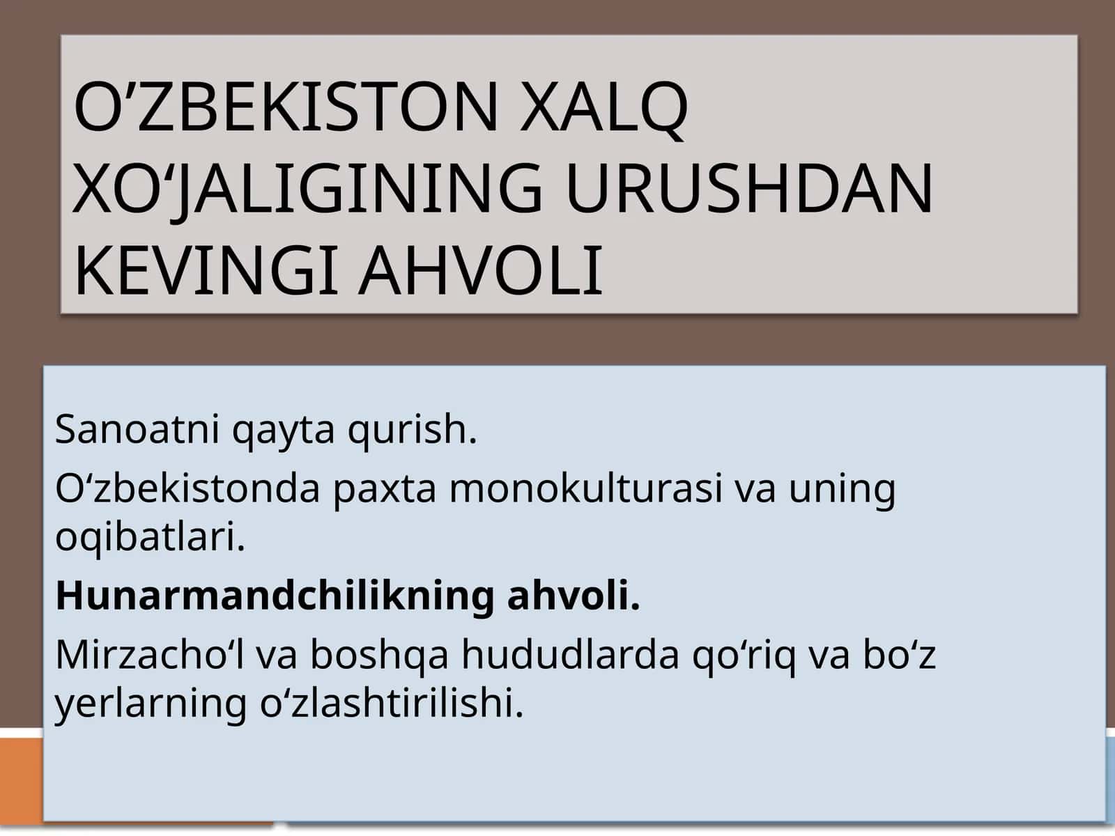 O’zbekiston xalq xo‘jaligining urushdan kevinigiahvoli 1