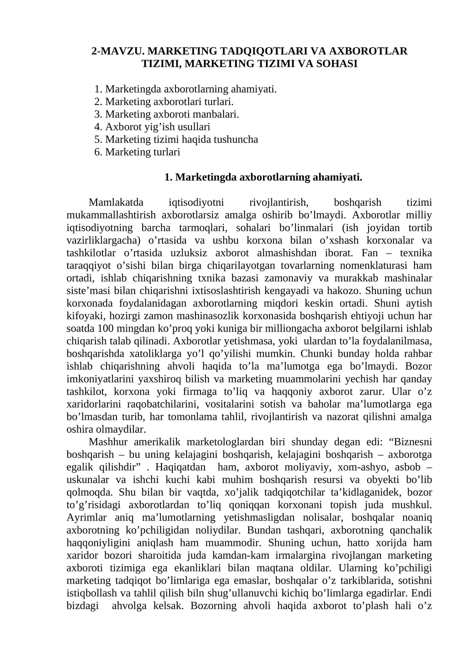 MARKETING TADQIQOTLARI VA AXBOROTLAR TIZIMI, MARKETING TIZIMI VA SOHASI 1