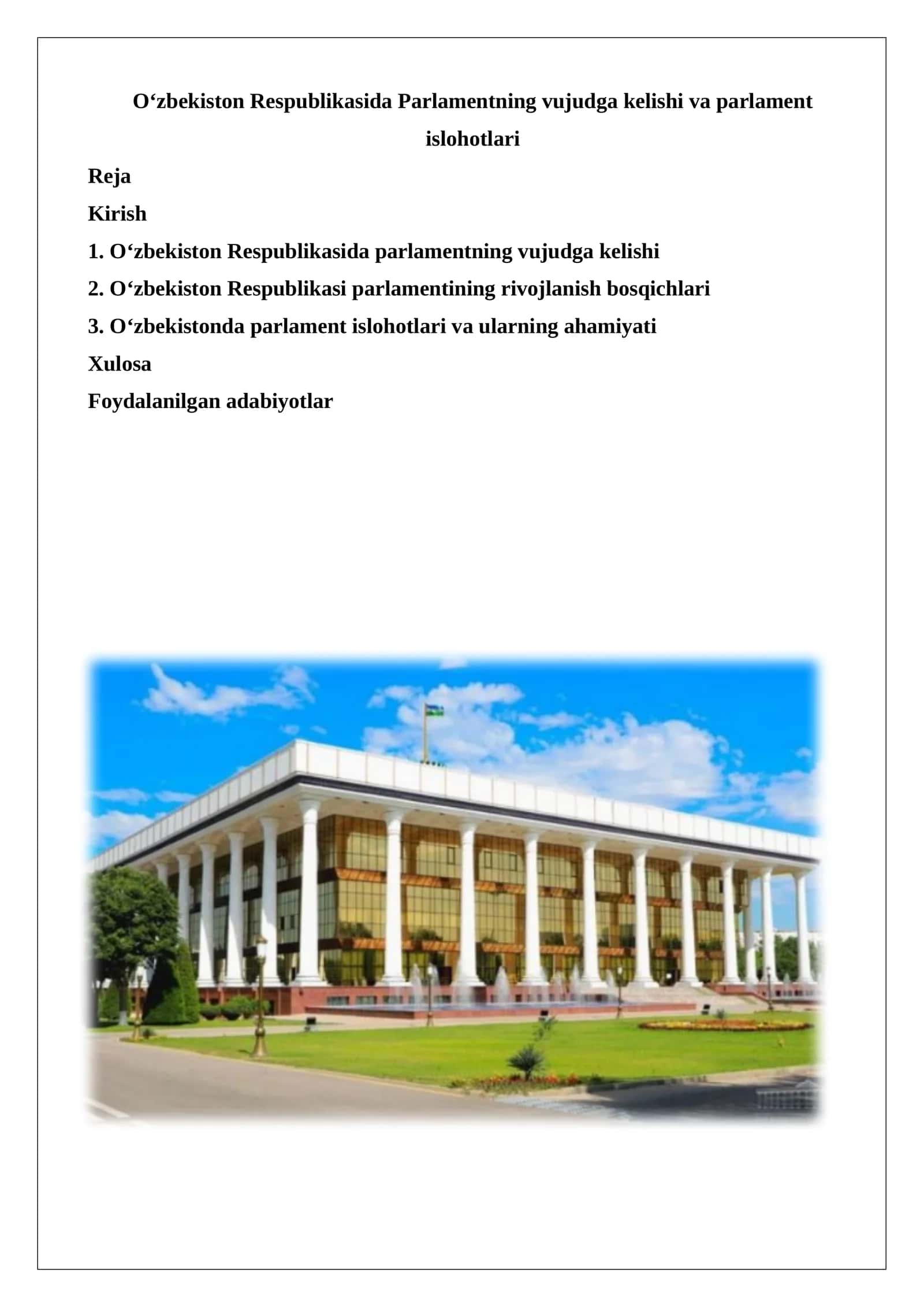 O‘zbekiston Respublikasida parlamentning vujudga kelishi va parlament islohotlari 1