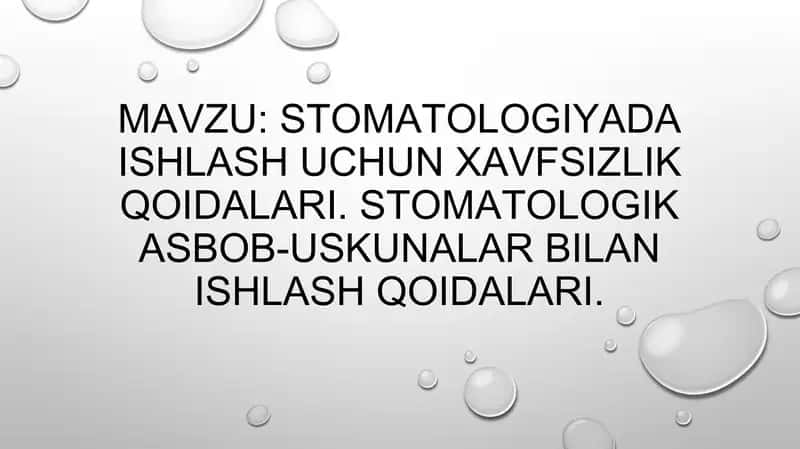STOMATOLOGIYADA ISHLASH UCHUN XAVFSIZLIK QOIDALARI. STOMATOLOGIK ASBOB-USKUNALAR BILAN ISHLASH QOIDA 1