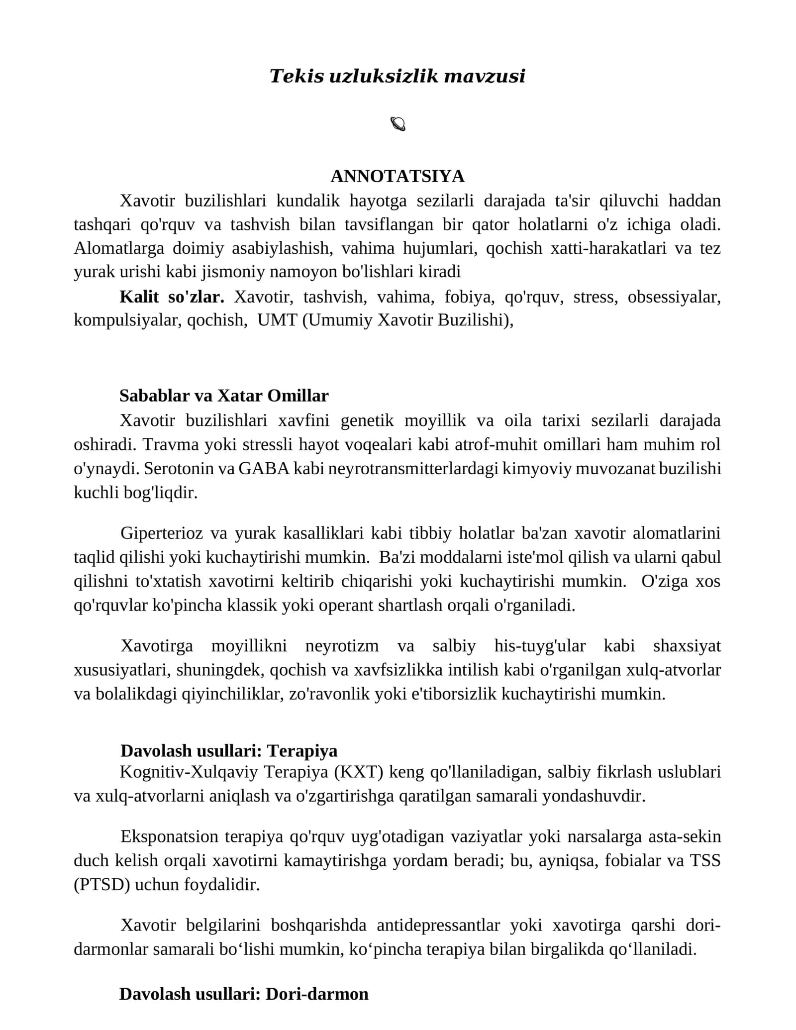 Xavotir buzilishlari mavzusi 1