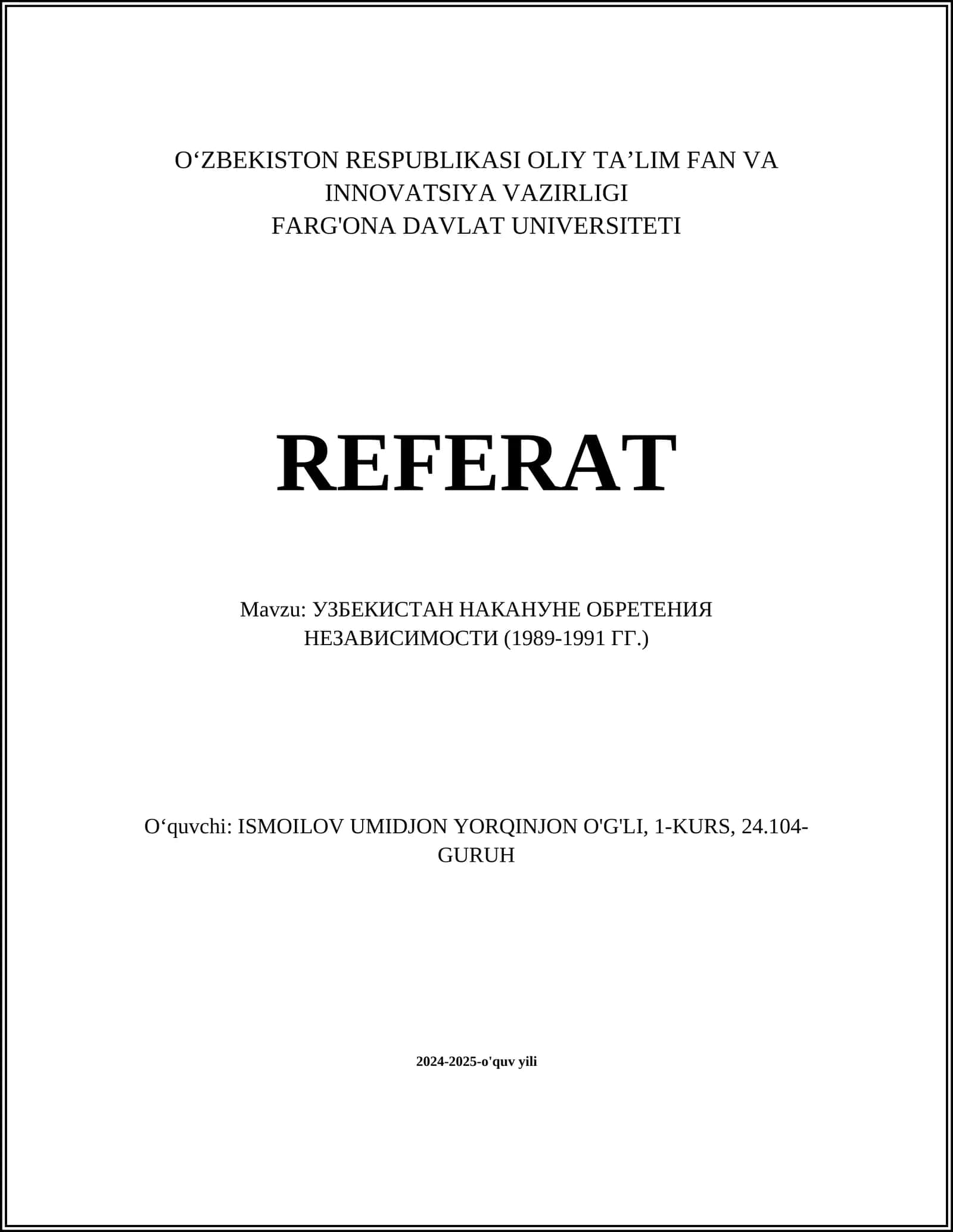 УЗБЕКИСТАН НАКАНУНЕ ОБРЕТЕНИЯ НЕЗАВИСИМОСТИ (1989-1991 ГГ.) 1