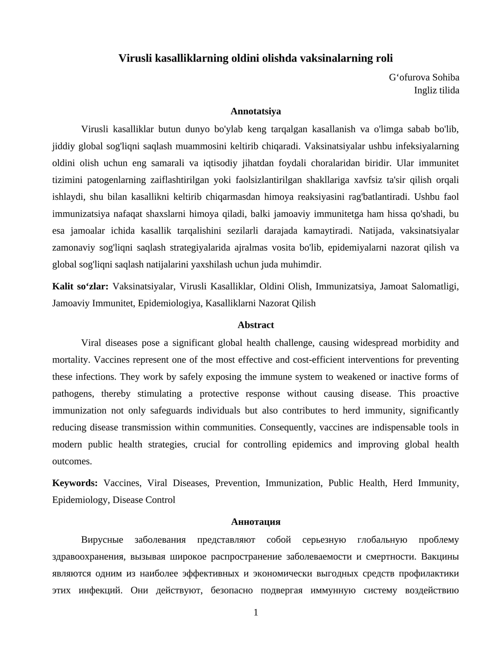 Virusli kasalliklarning oldini olishda vaksinalarning roli 1