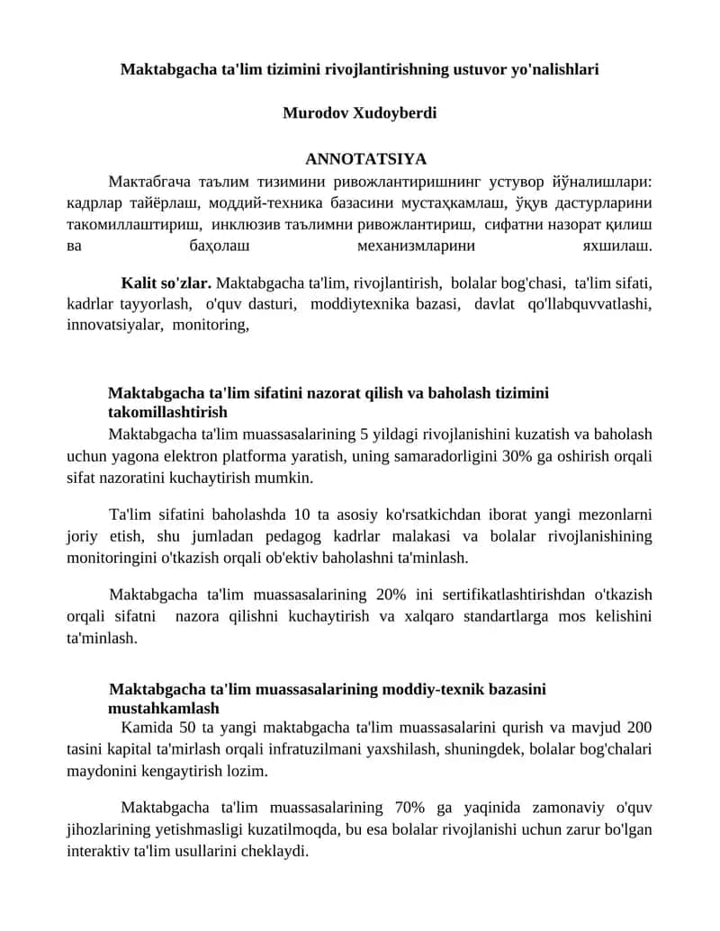 Maktabgacha ta'lim sifatini nazorat qilish va baholash tizimini takomillashtirish 1