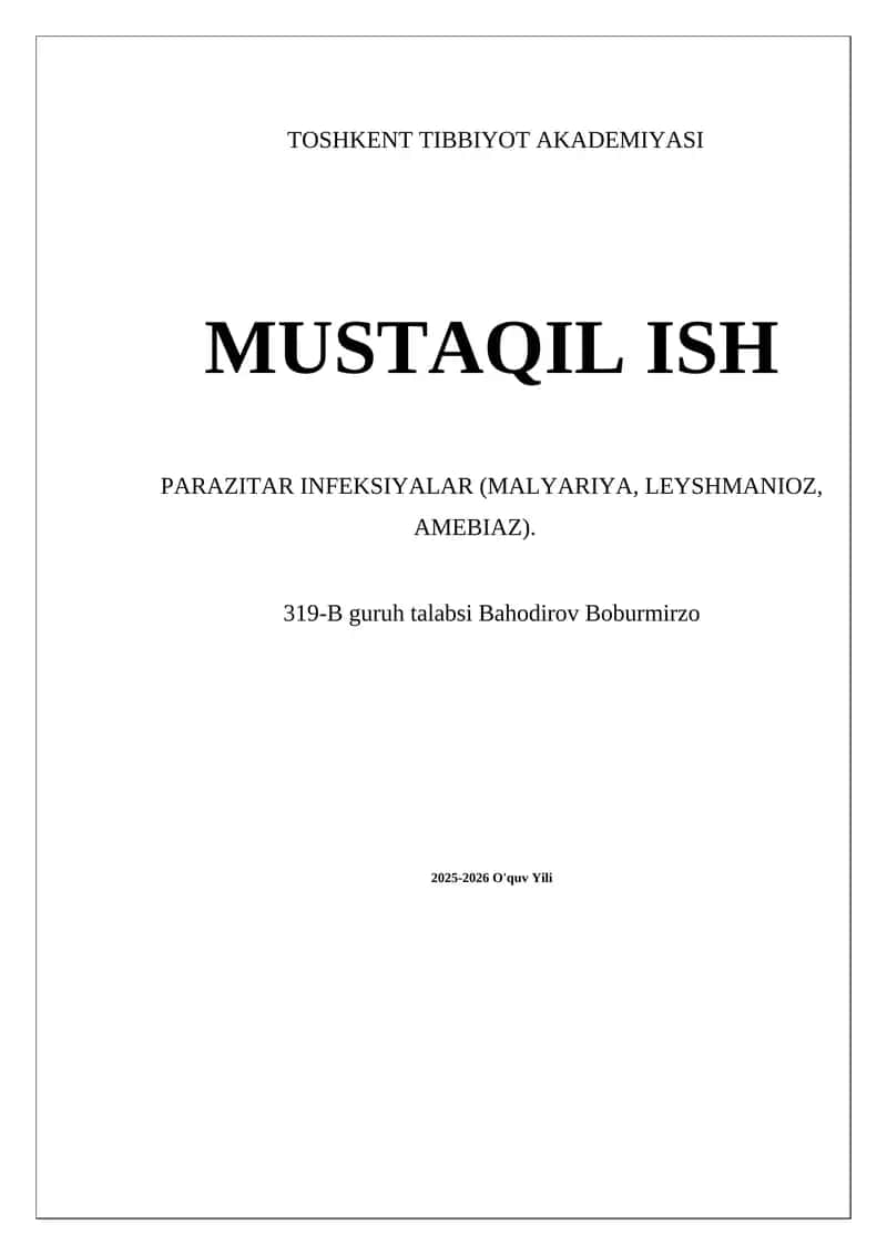 Parazitar infeksiyalar (Malyariya, Leyshmanioz, Amebiaz) 1