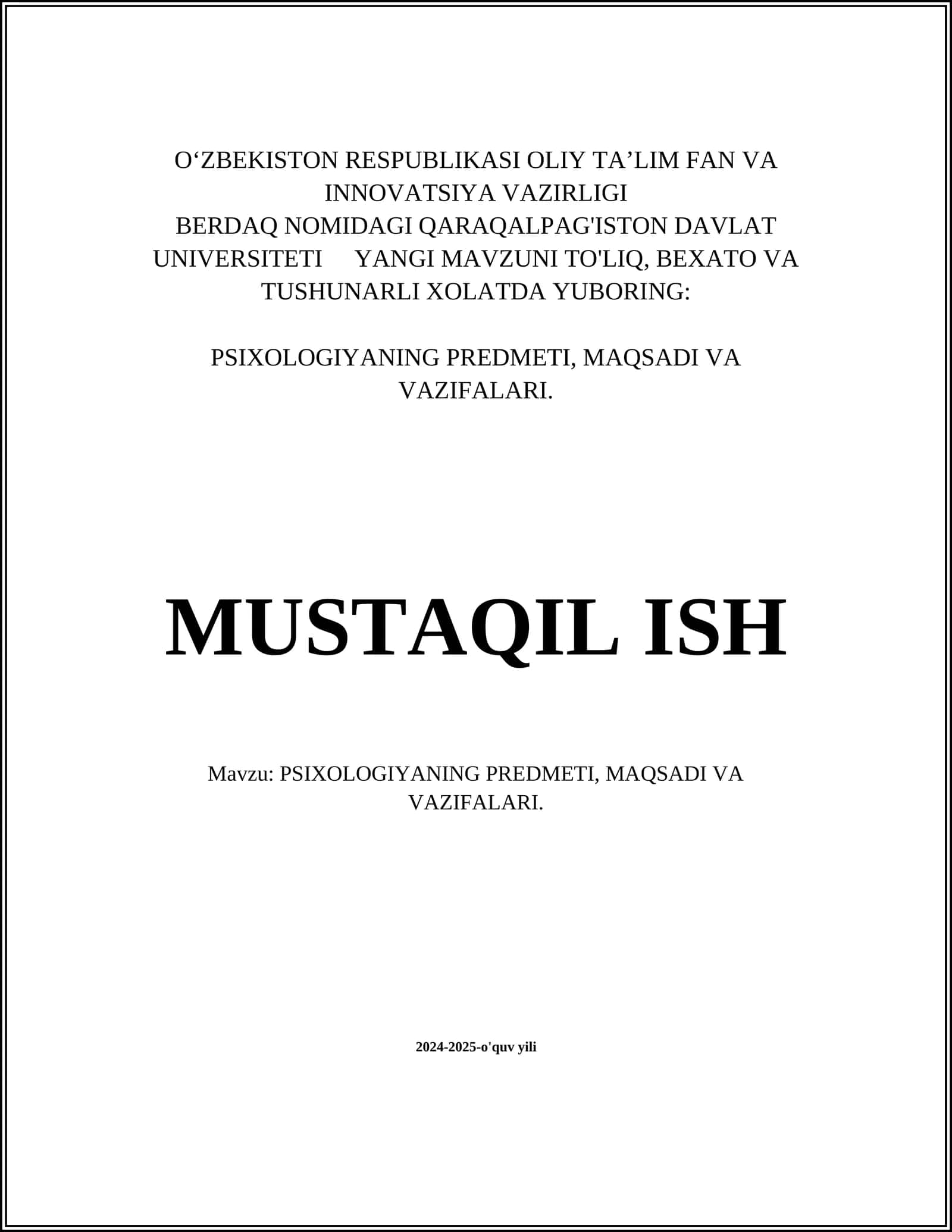 PSIXOLOGIYANING PREDMETI, MAQSADI VA VAZIFALARI 1