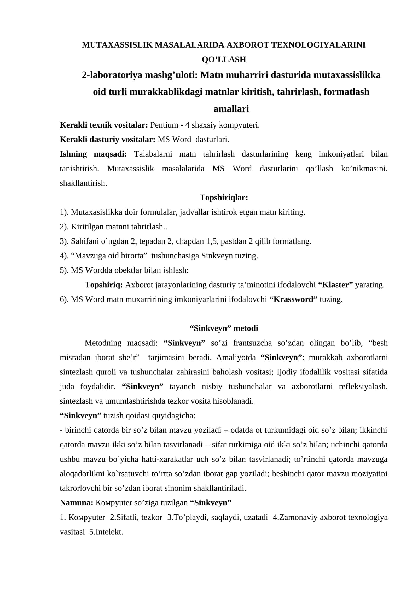 MUTAXASSISLIK MASALALARIDA AXBOROT TEXNOLOGIYALARINI QO’LLASH 1