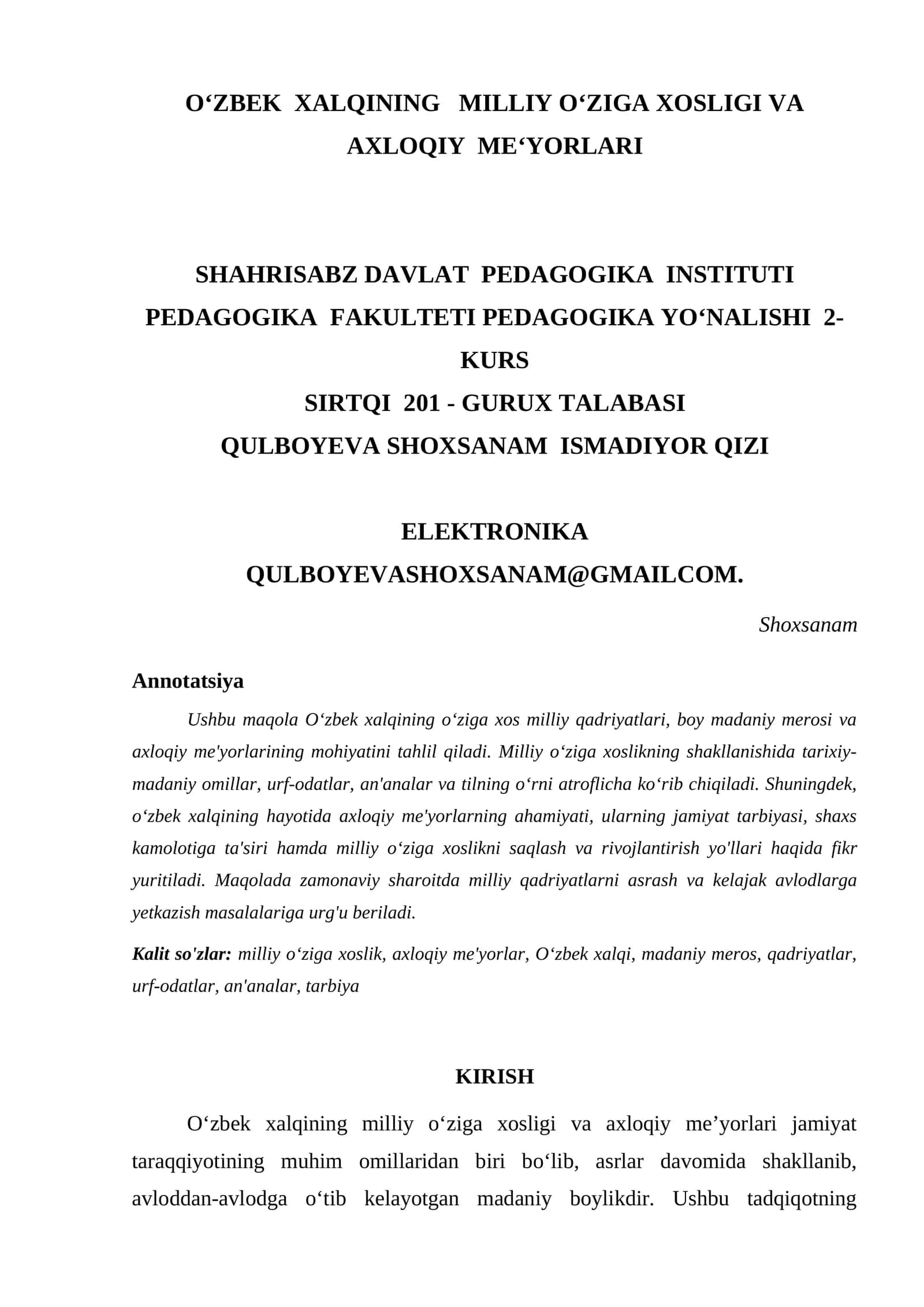 O‘ZBEK XALQINING MILLIY O‘ZIGA XOSLIGI VA AXLOQIY ME‘YORLARI 1
