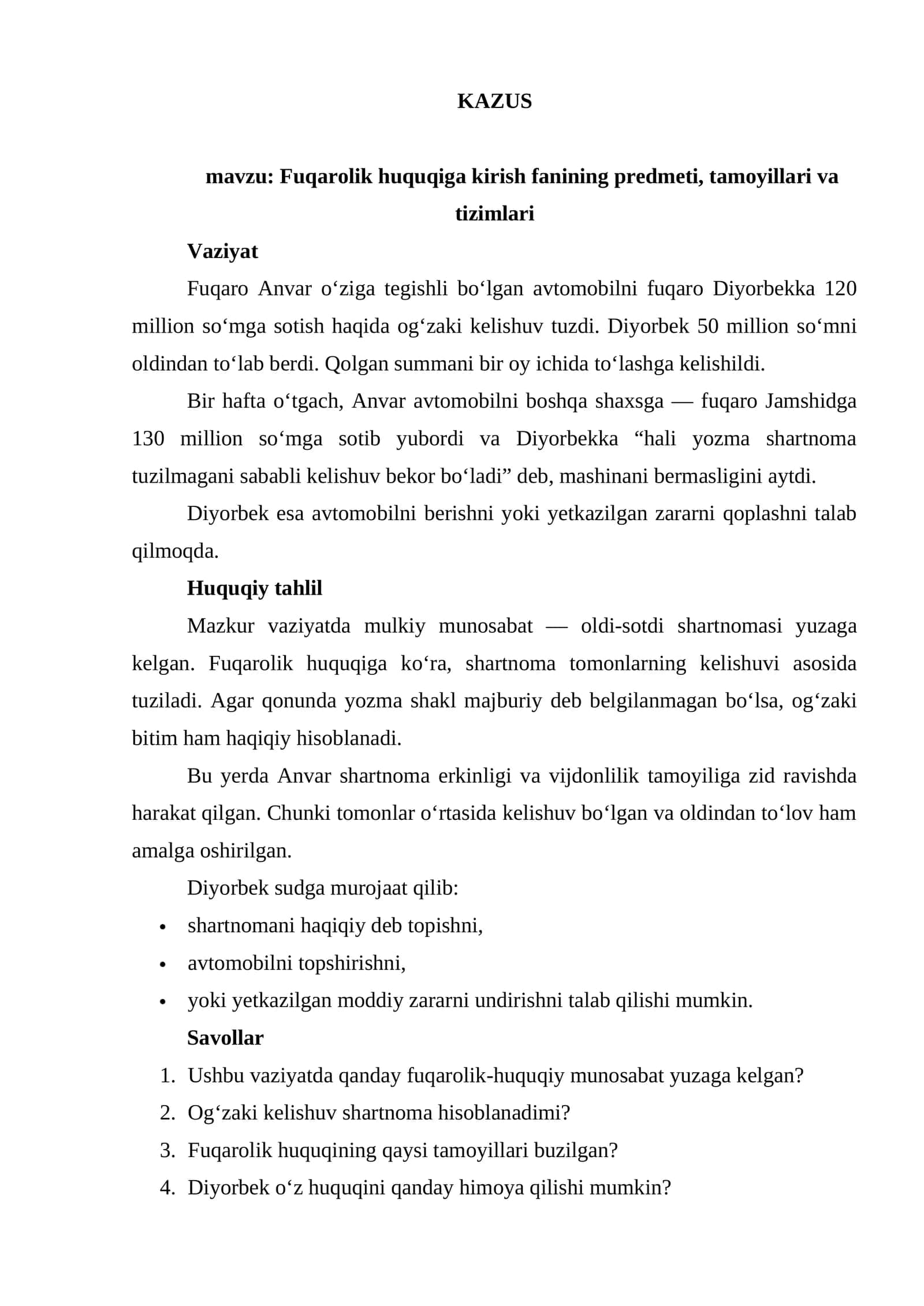KAZUS Fuqarolik huquqiga kirish fanining predmeti, tamoyillari va tizimlari 1
