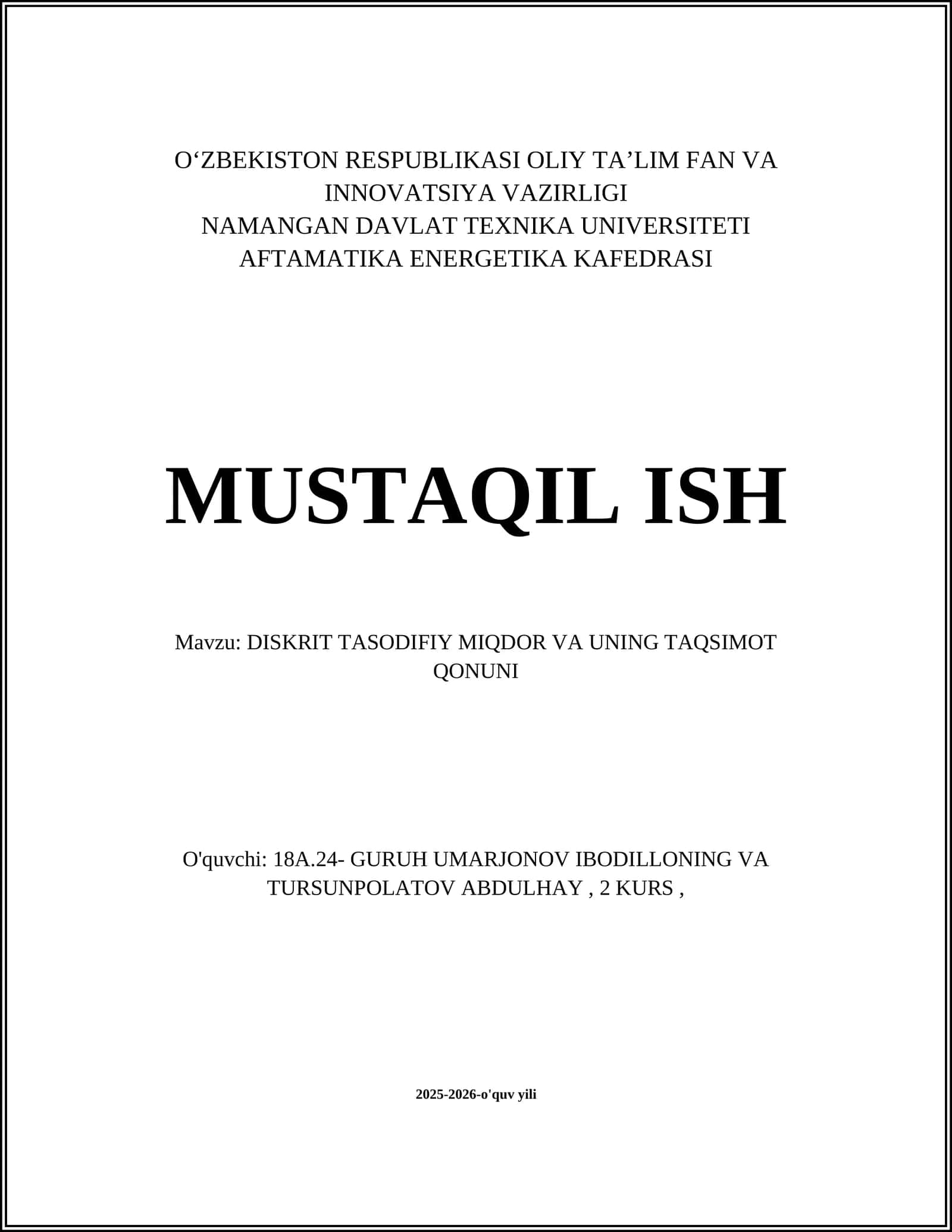 DISKRIT TASODIFIY MIQDOR VA UNING TAQSIMOT QONUNI 1
