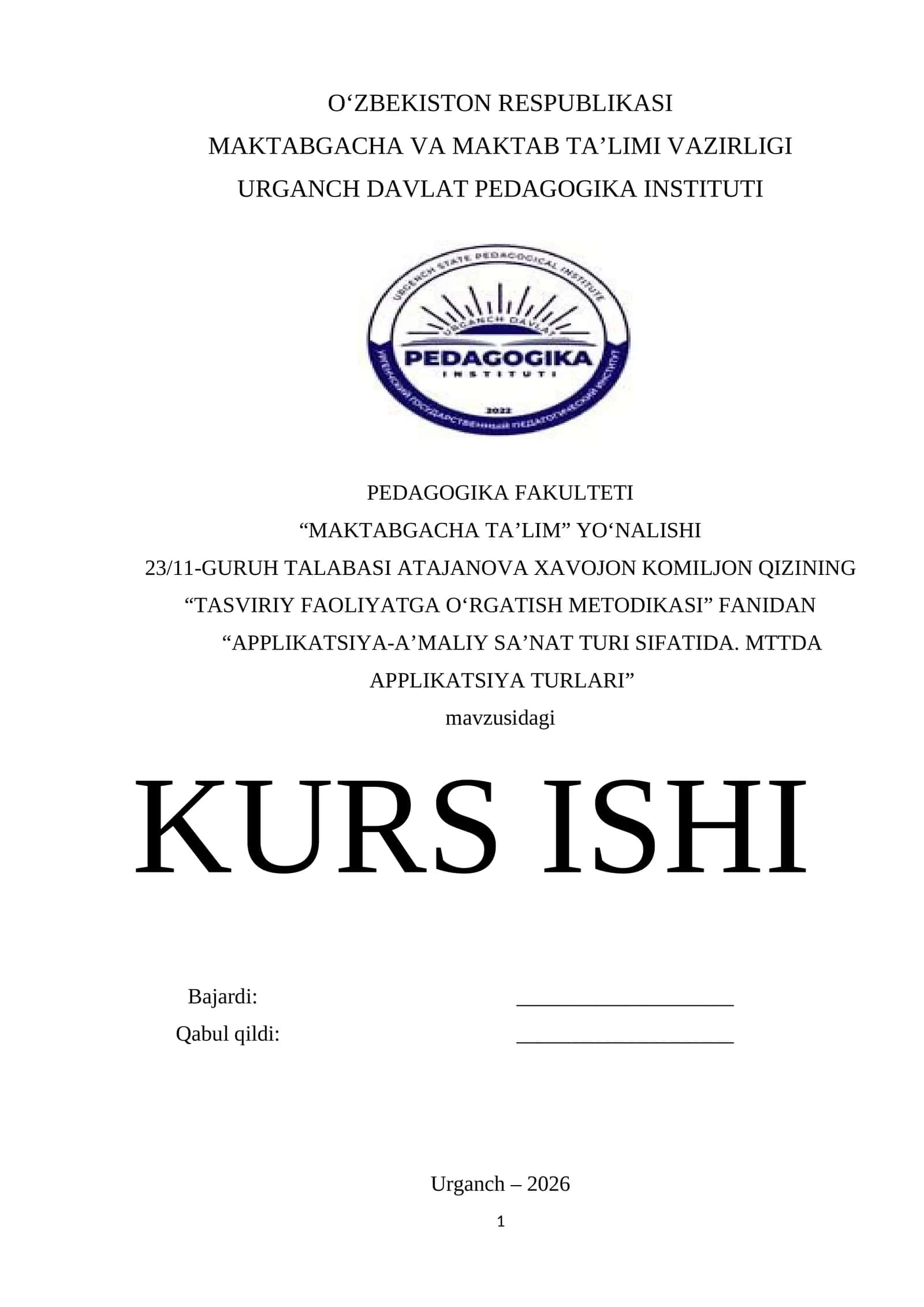 TASVIRIY FAOLIYATGA OʻRGATISH METODIKASI 1