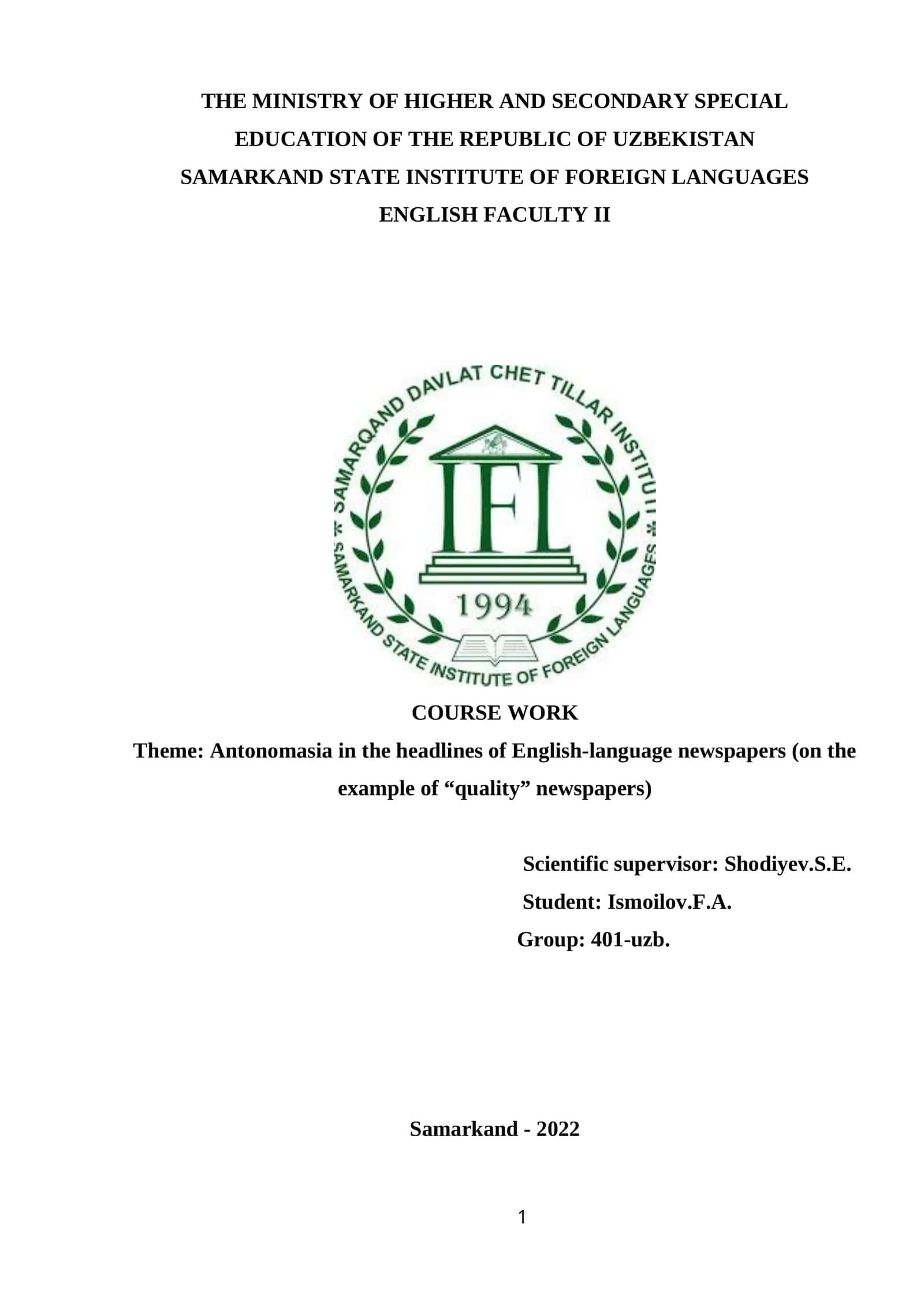 Course Work on Antonomasia in English-language Newspapers 1