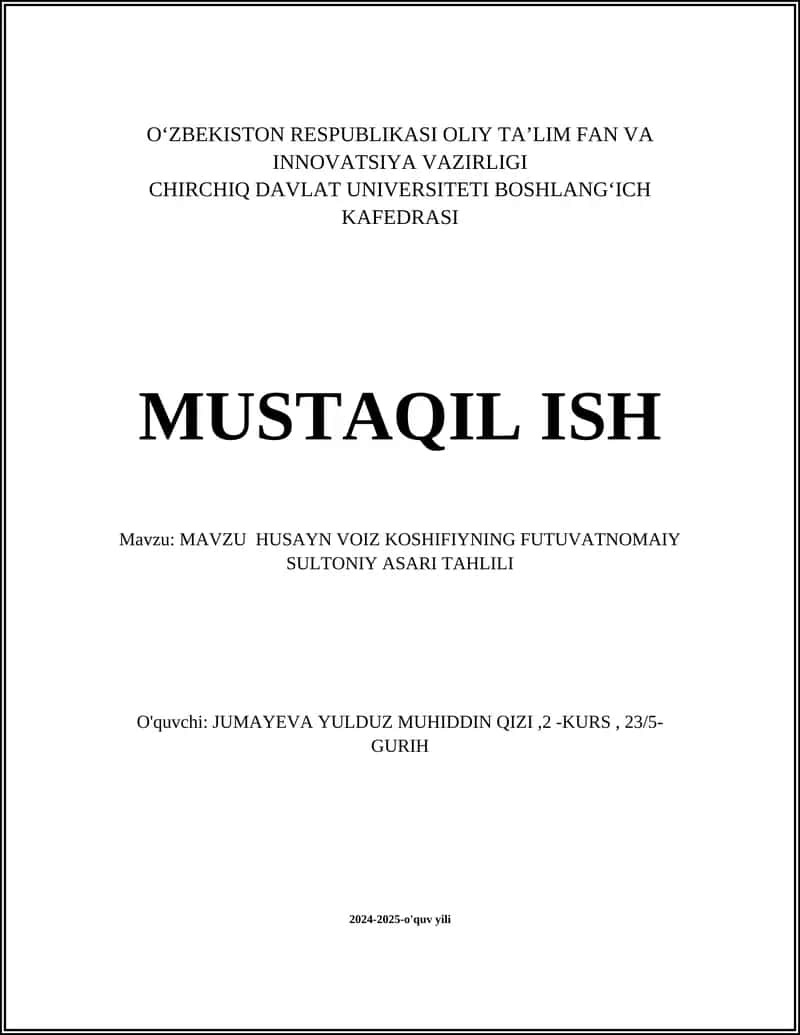 Husayn Voiz Koshifiyning Futuvatnomaiy Sultoniya Asari Tahlili 1