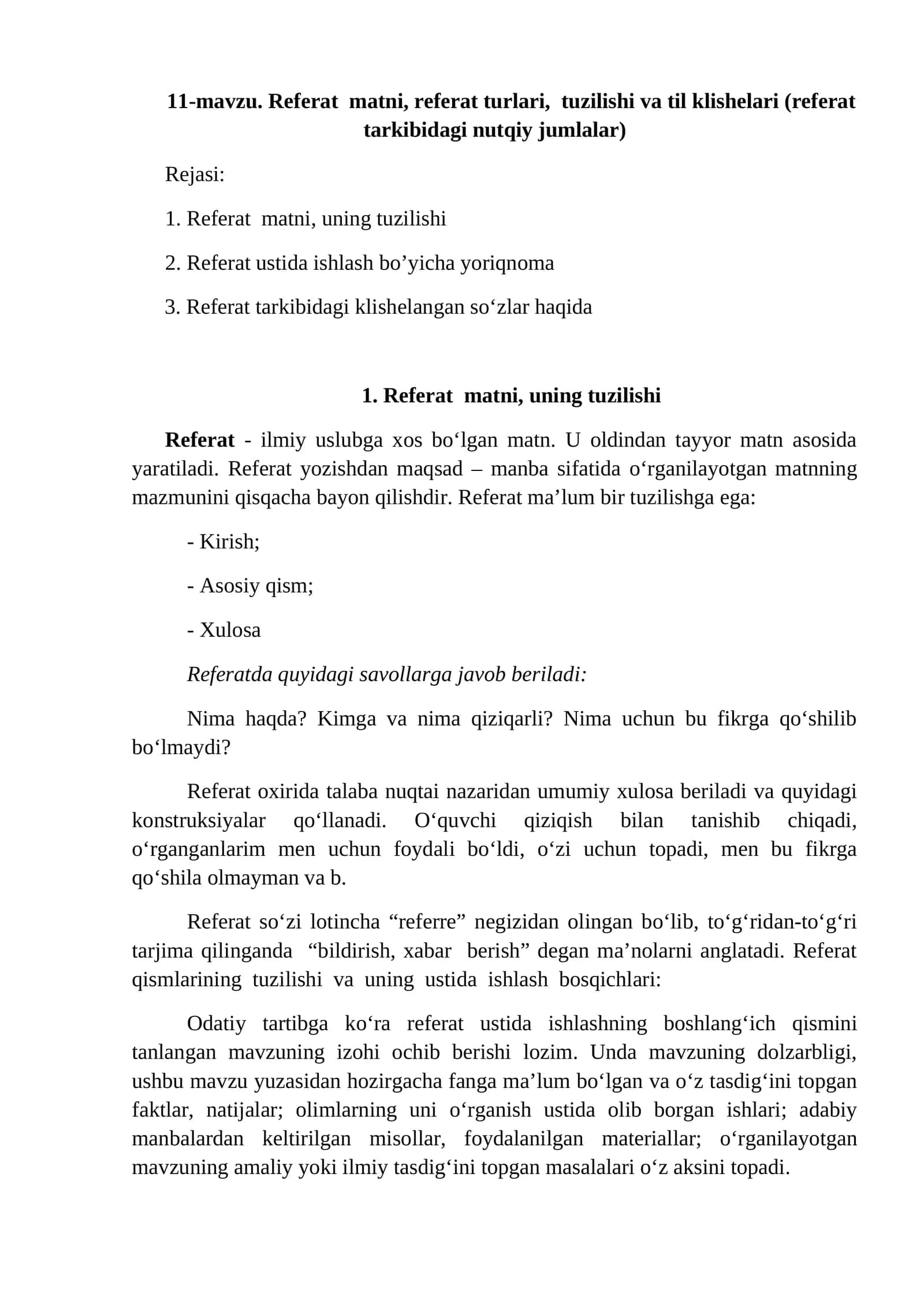 Referat matni, referat turlari, tuzilishi va til klishelari (referat tarkibidagi nutqiy jumlalar) 1