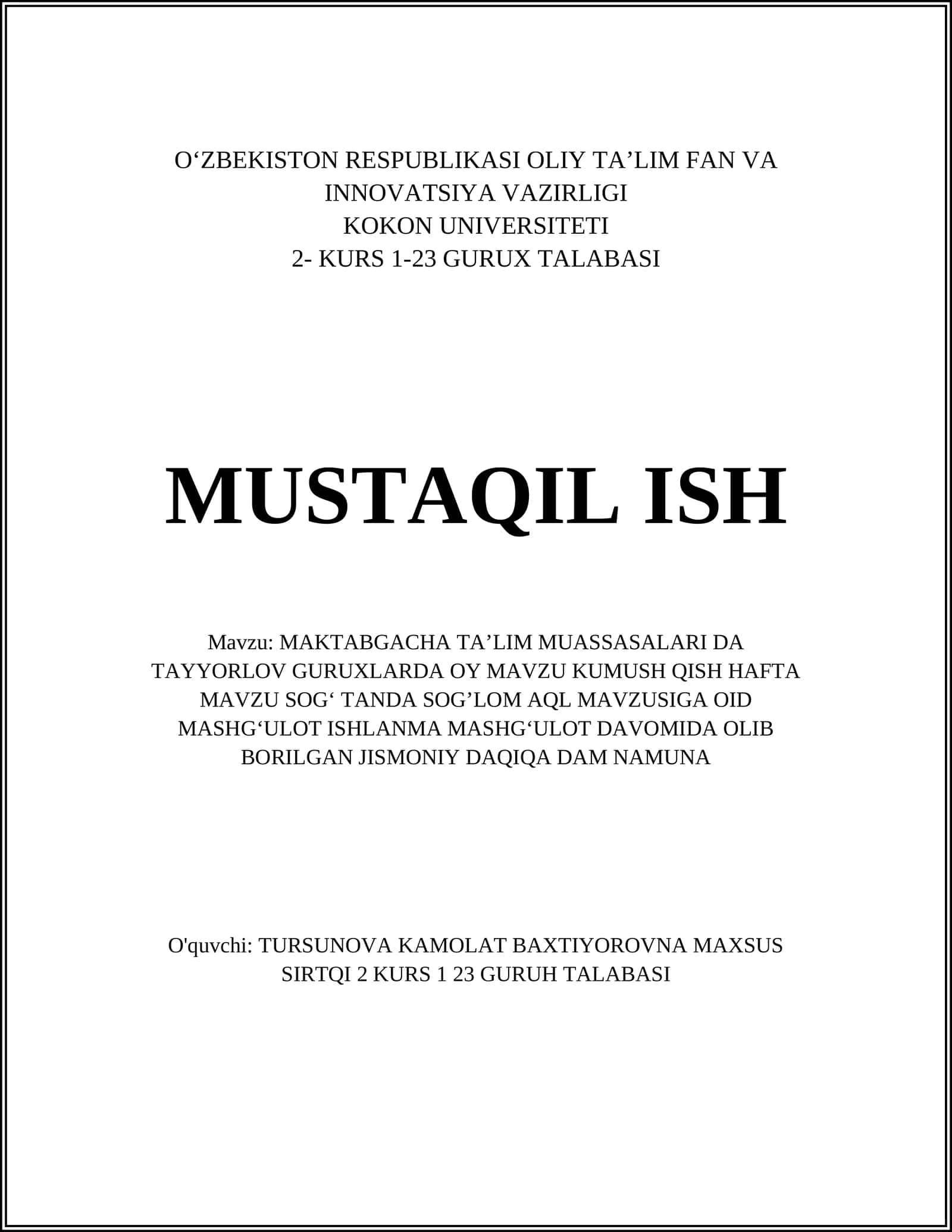 MAKTABGACHA TAʼLIM MUASSASALARI DA TAYYORLOV GURUXLARDA OY 1