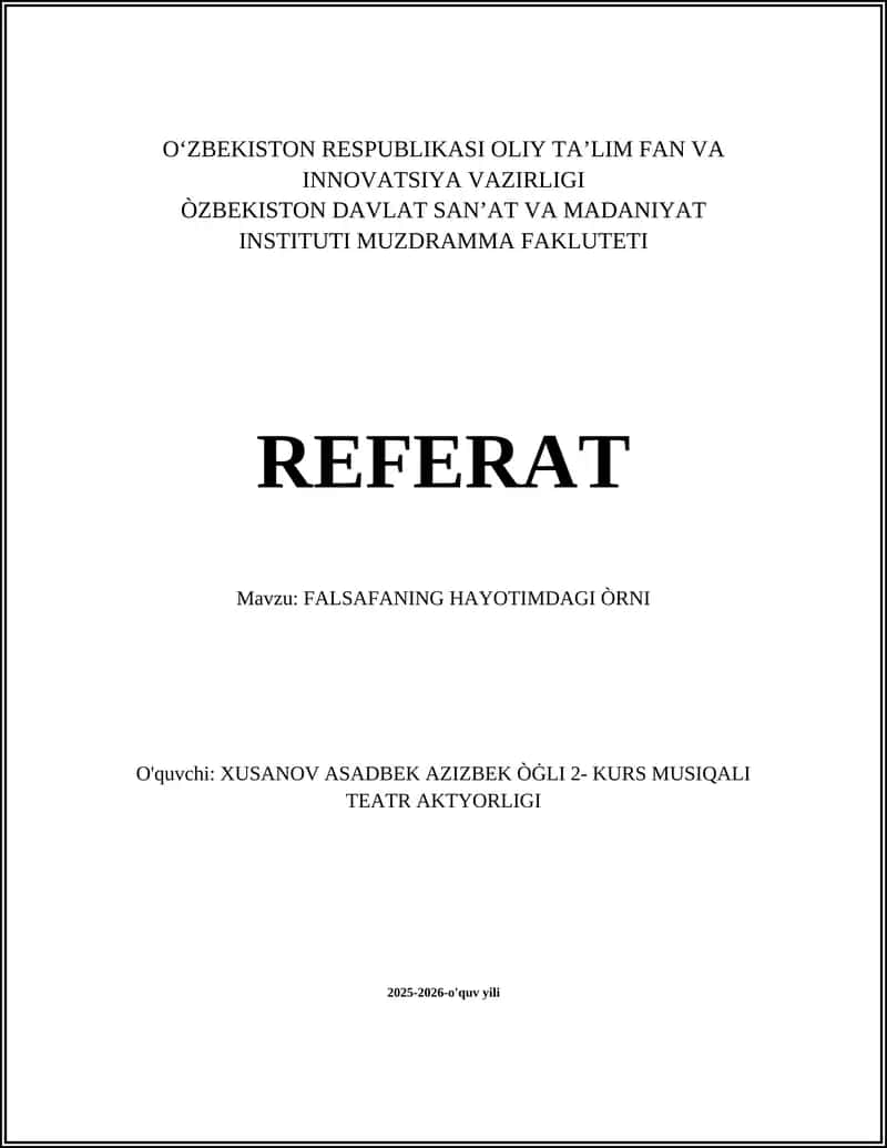FALSAFANING HAYOTIMDAGI ÒRNI 1