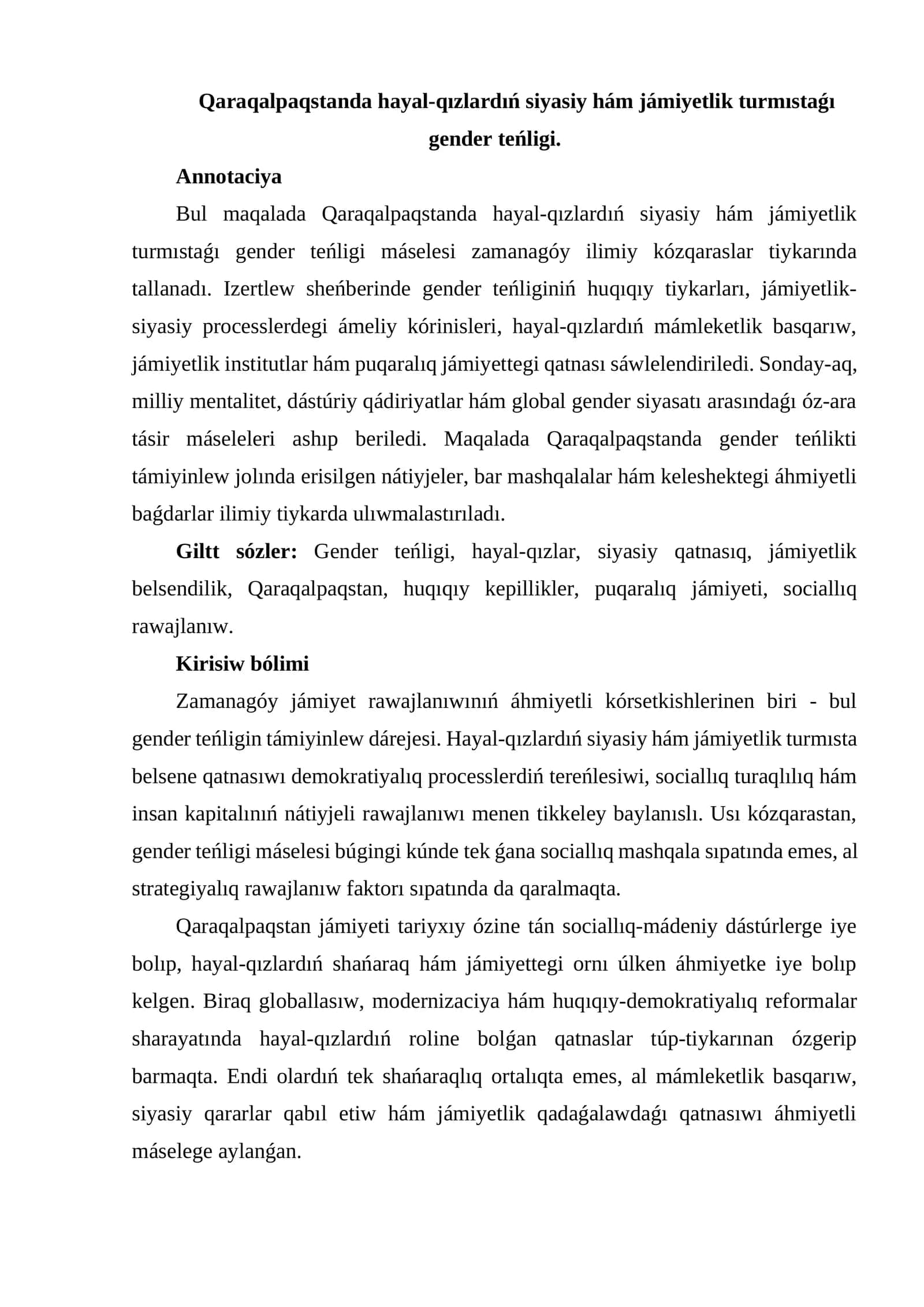 Qaraqalpaqstanda hayal-qızlardıń siyasiy hám jámiyetlik turmıstaǵı gender teńligi 1