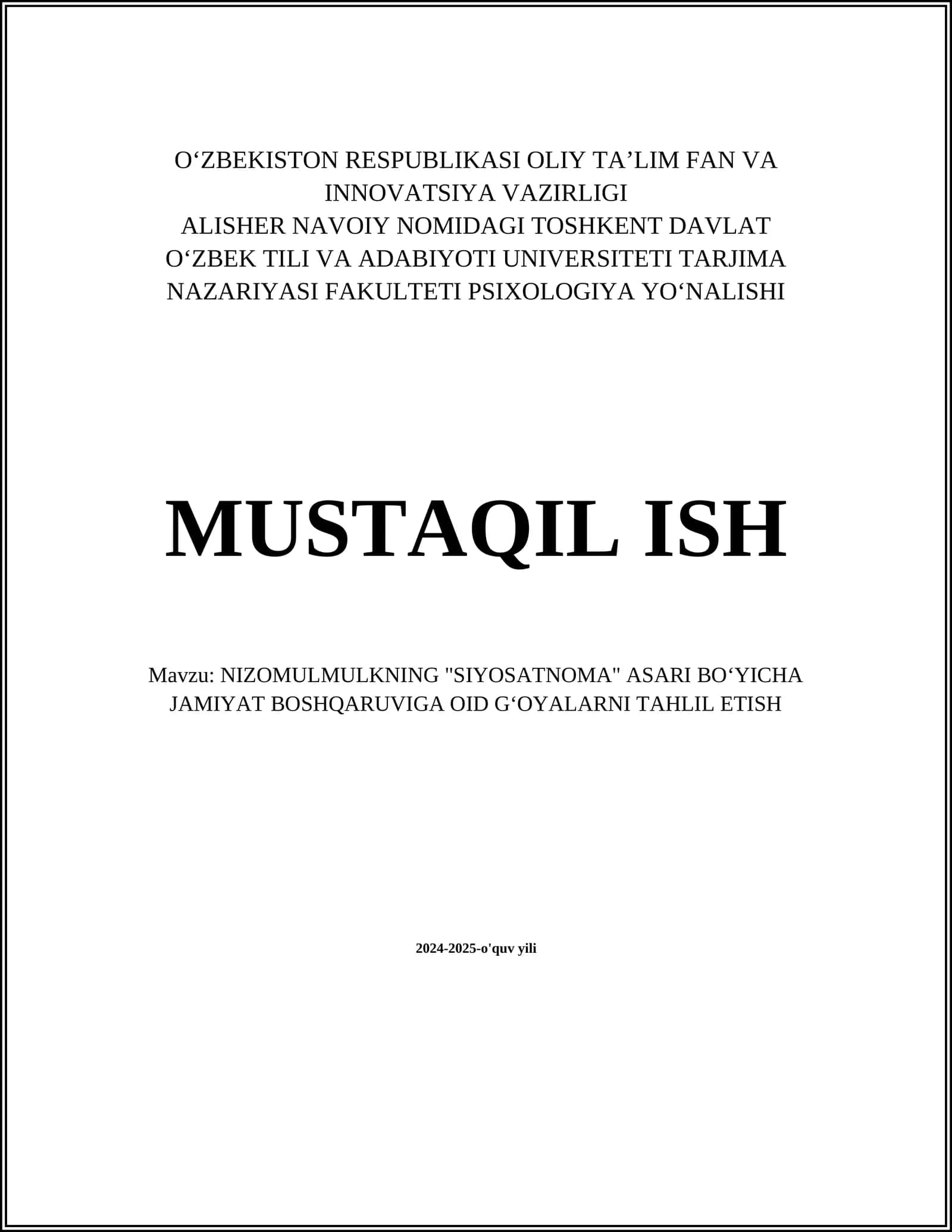NIZOMULMULKNING "SIYOSATNOMA" ASARI BOʻYICHA JAMIYAT BOSHQARUVIGA OID GʻOYALARNI TAHLIL ETISH 1