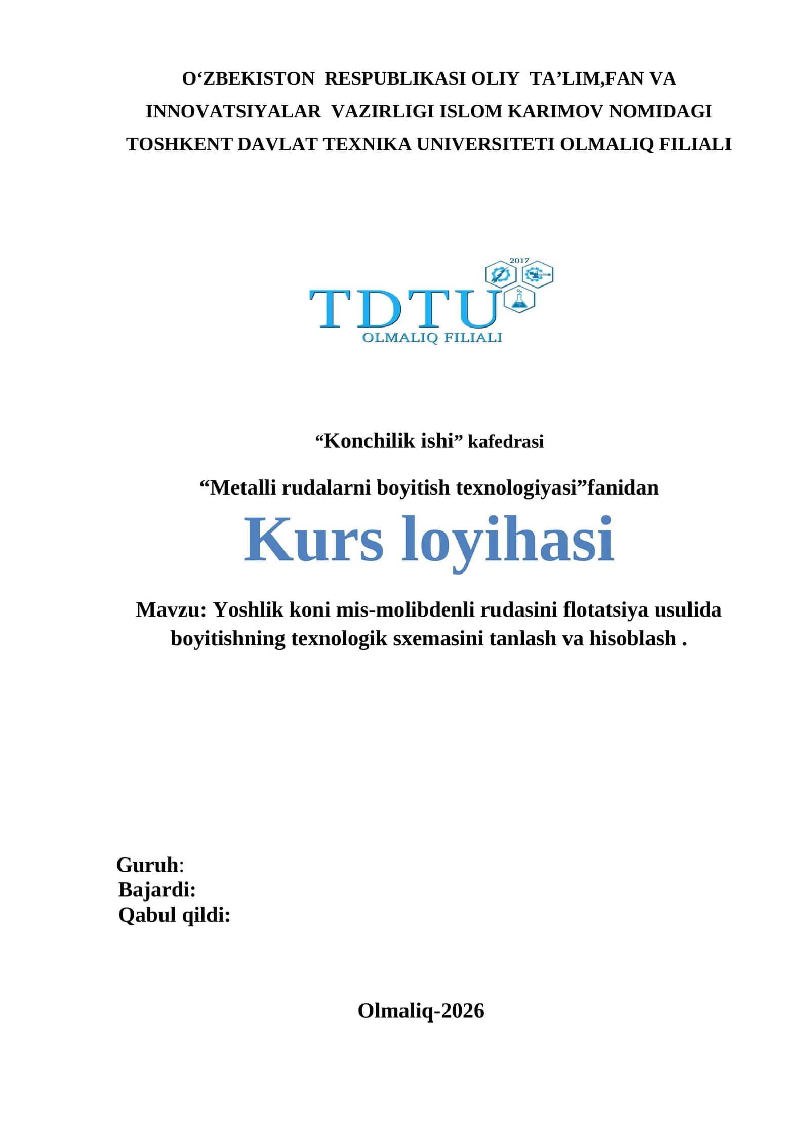 Yoshlik koni mis-molibdenli rudasini flotatsiya usulida boyitishning texnologik sxemasini tanlash va hisoblash 1