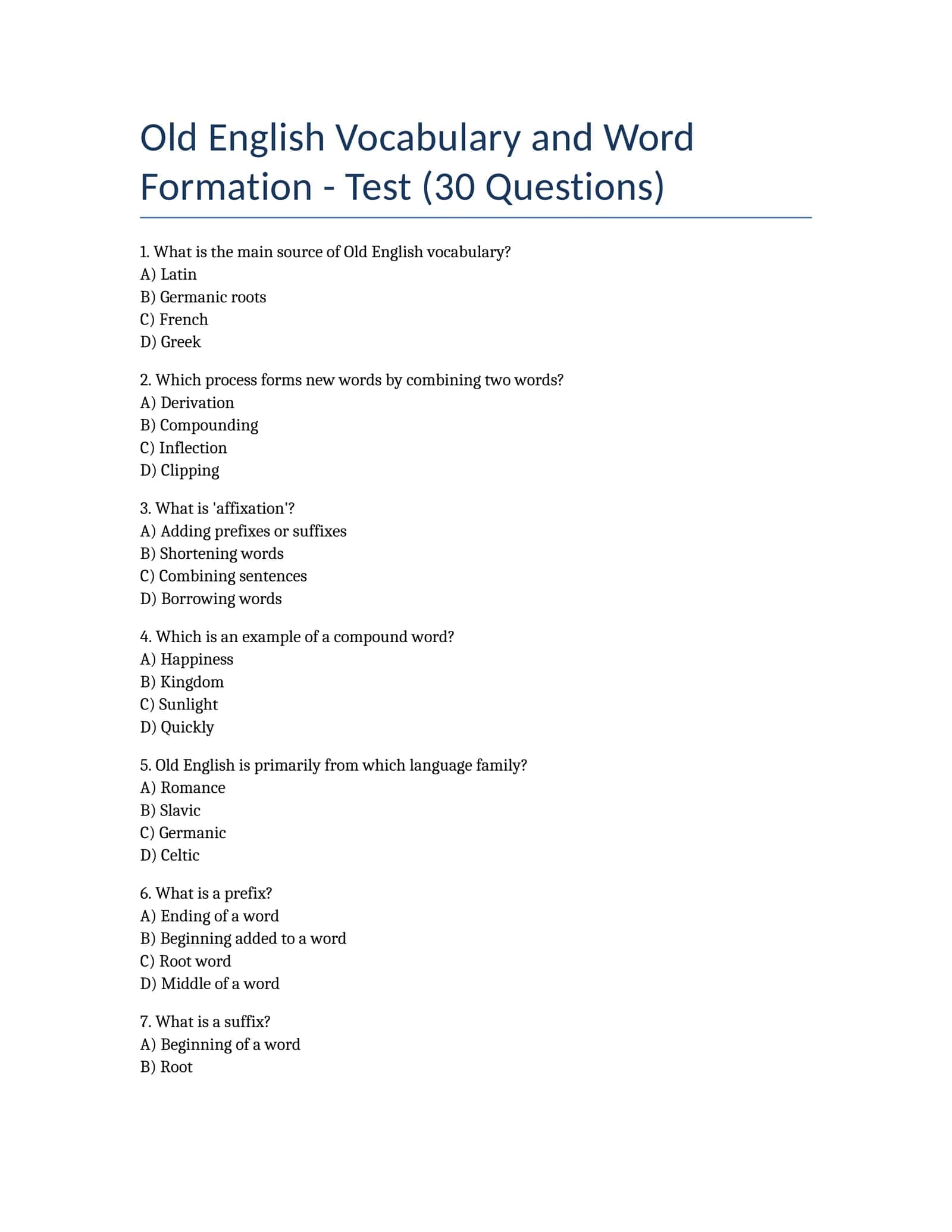 Old English Vocabulary and Word Formation - Test (30 Questions) 1