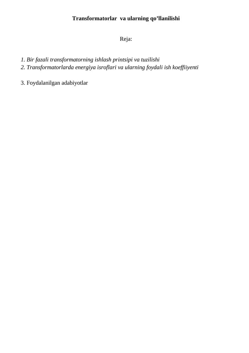 Transformatorlar va ularning qo’llanilishi 1