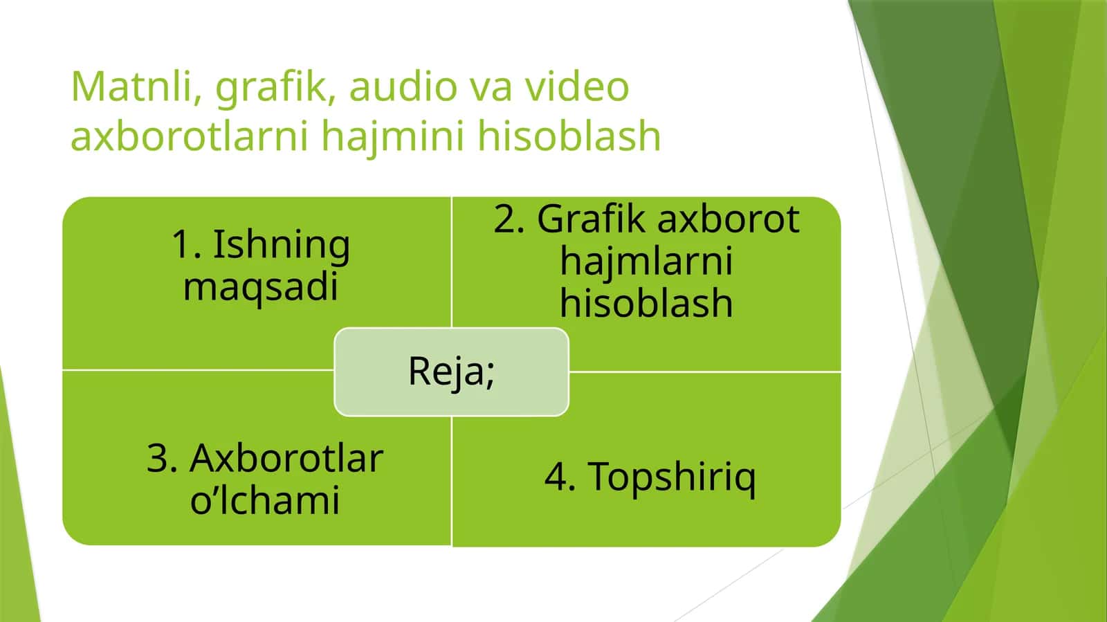 Matnli, grafik, audio va video axborotlarni hajmini hisoblash 1