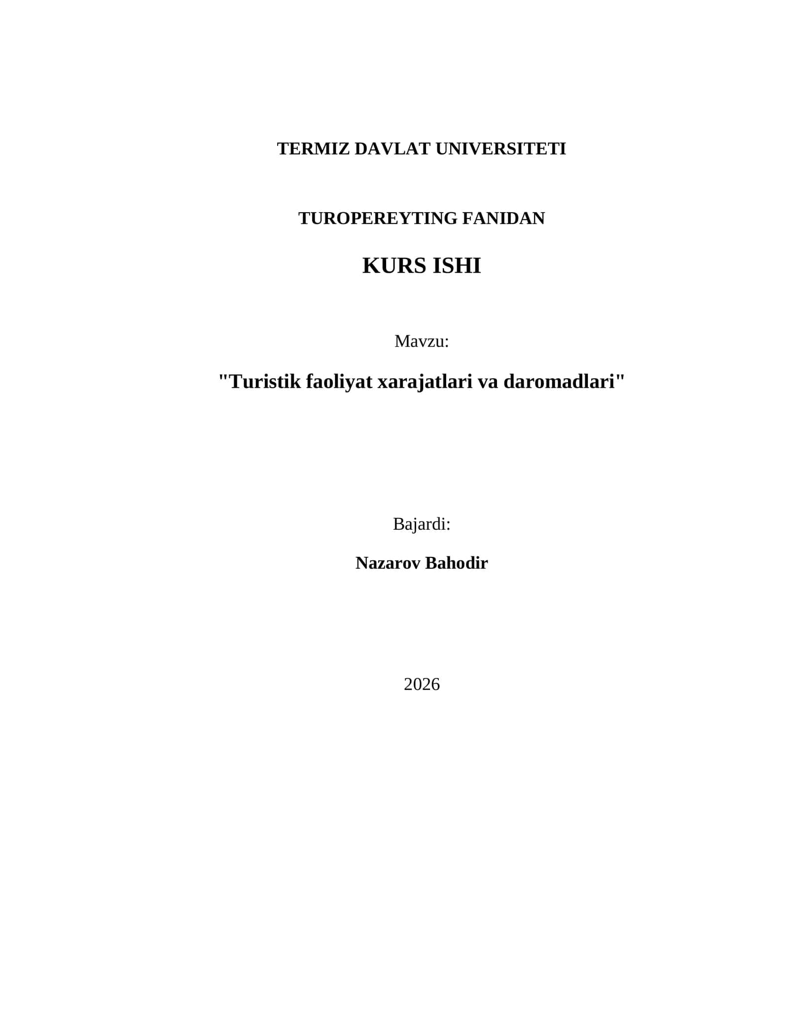TURISTIK FAOLIYAT XARAJATLARI VA DAROMADLARI 1