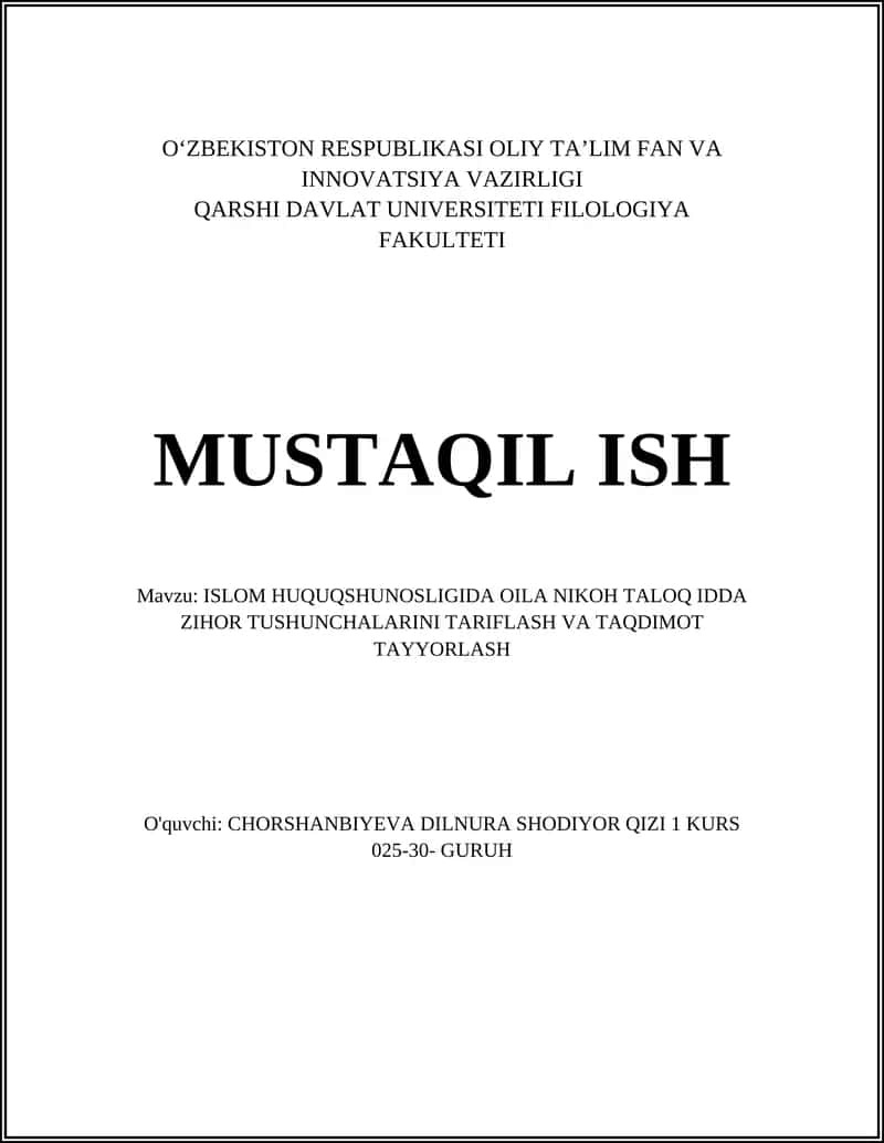 ISLOM HUQUQSHUNOSLIGIDA OILA NIKOH TALOQ IDDA ZIHOR TUSHUNCHALARINI TARIFLASH VA TAQDIMOT TAYYORLASH 1