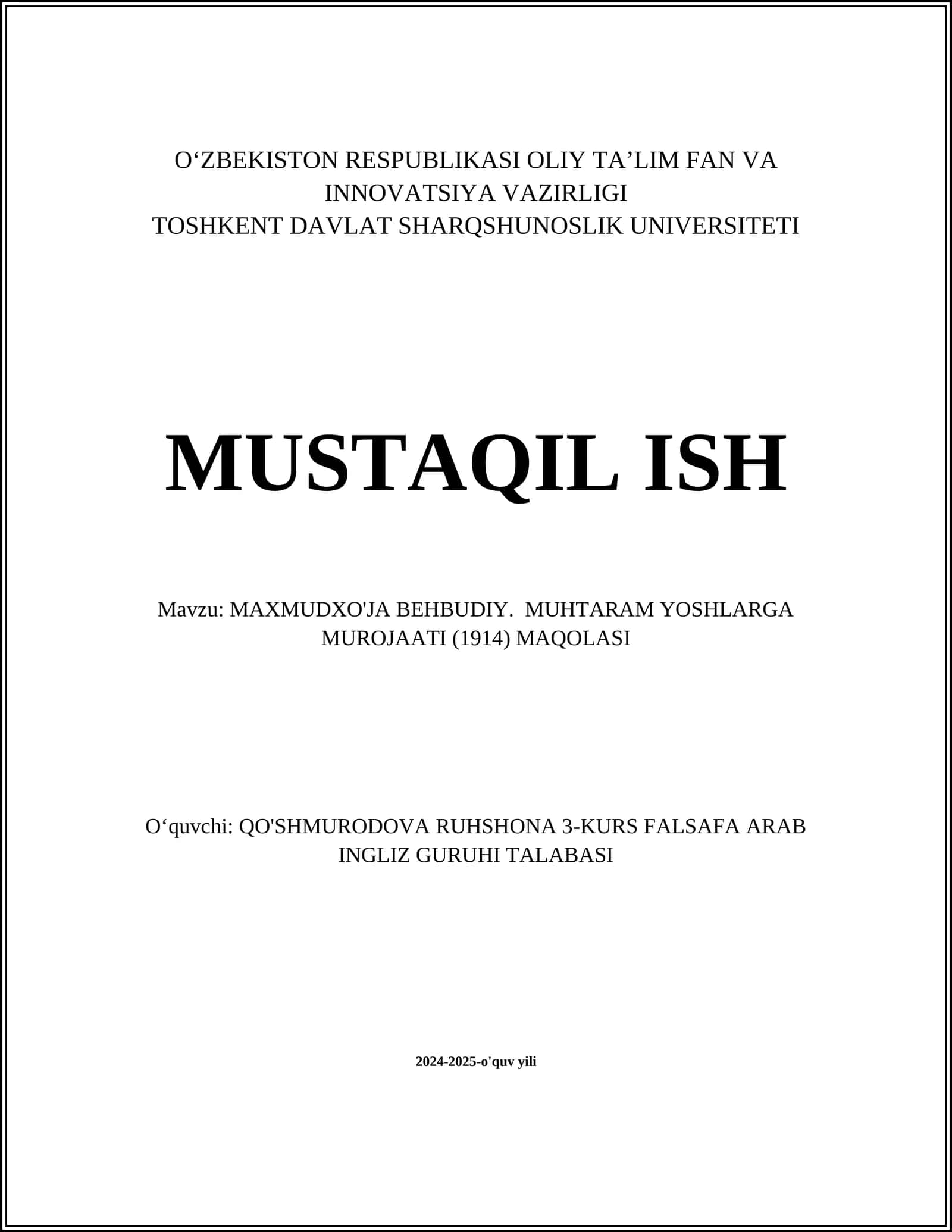 MAXMUDXO'JA BEHBUDIY. MUHTARAM YOSHLARGA MUROJAATI (1914) MAQOLASI 1