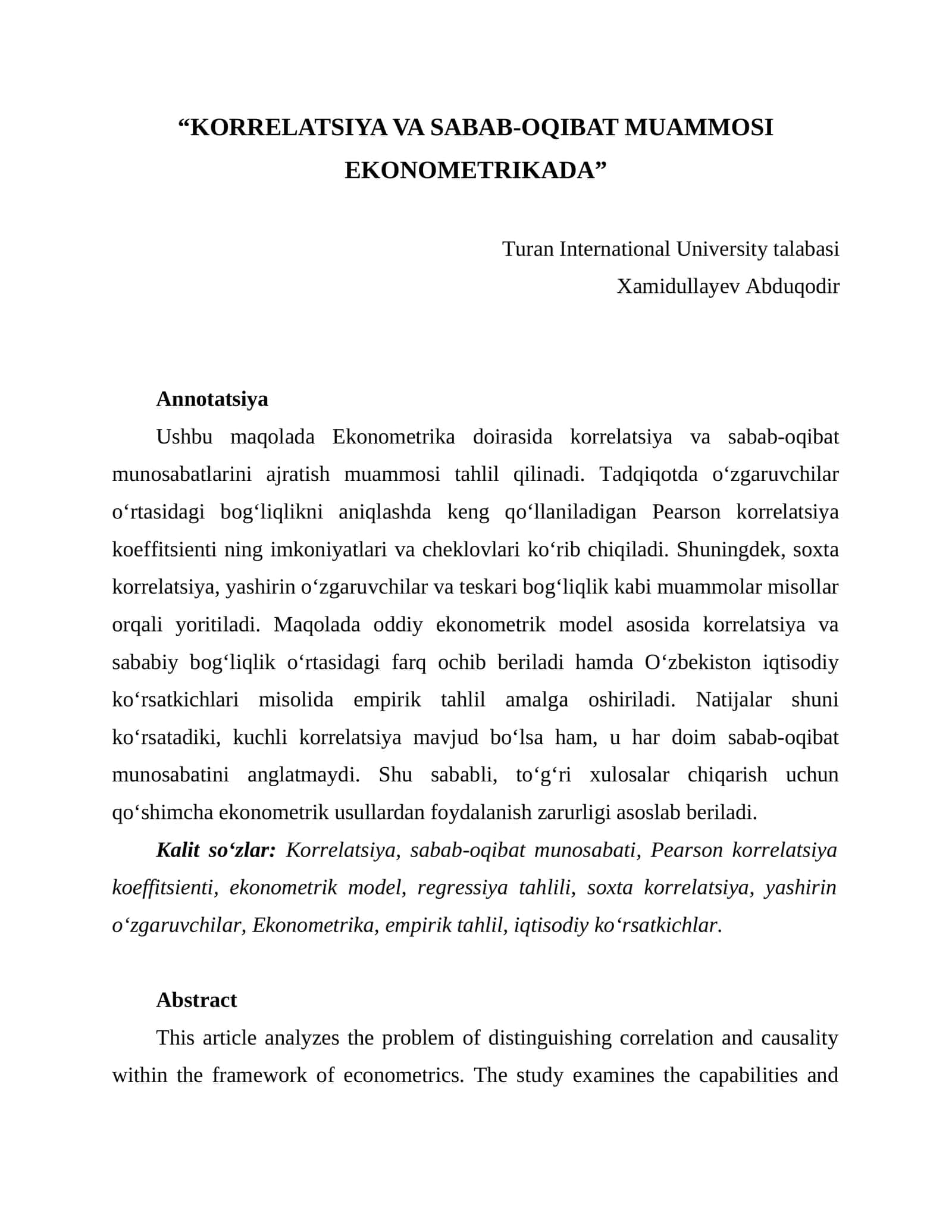 KORRELATSIYA VA SABAB-OQIBAT MUAMMOSI EKONOMETRIKADA 1