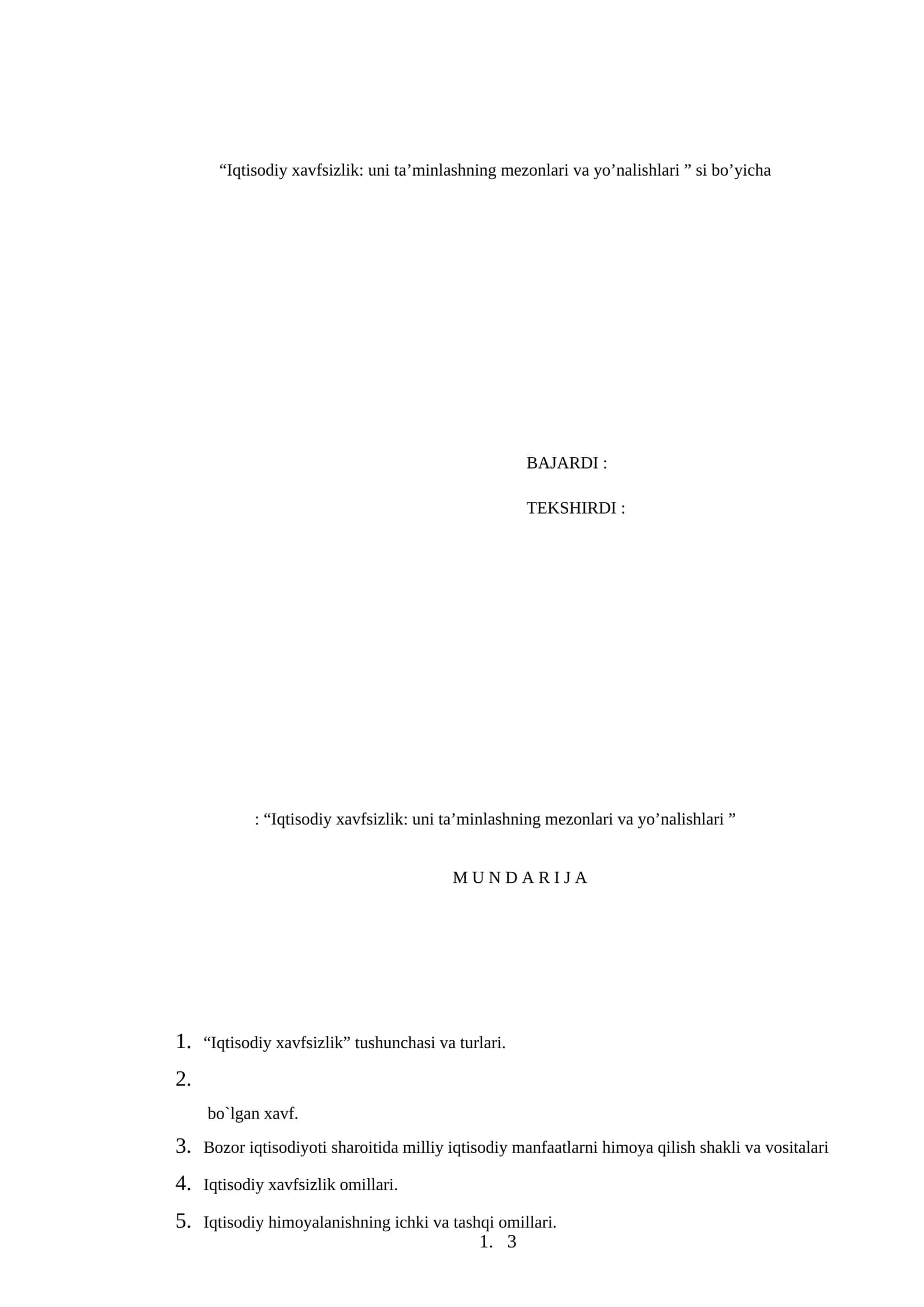 Iqtisodiy xavfsizlik: uni ta’minlashning mezonlari va yo’nalishlari 1