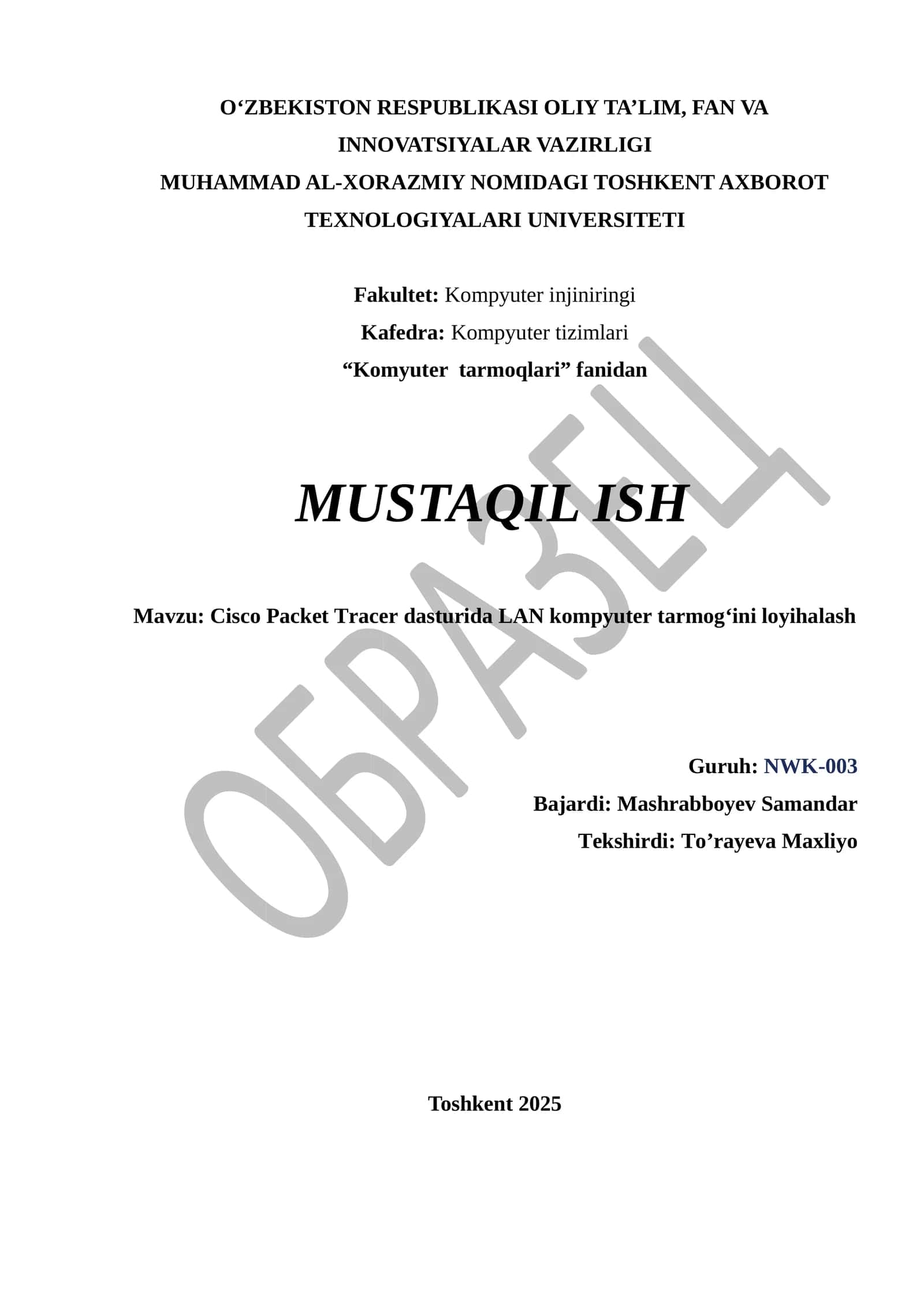 Cisco Packet Tracer dasturida LAN kompyuter tarmog‘ini loyihalash 1