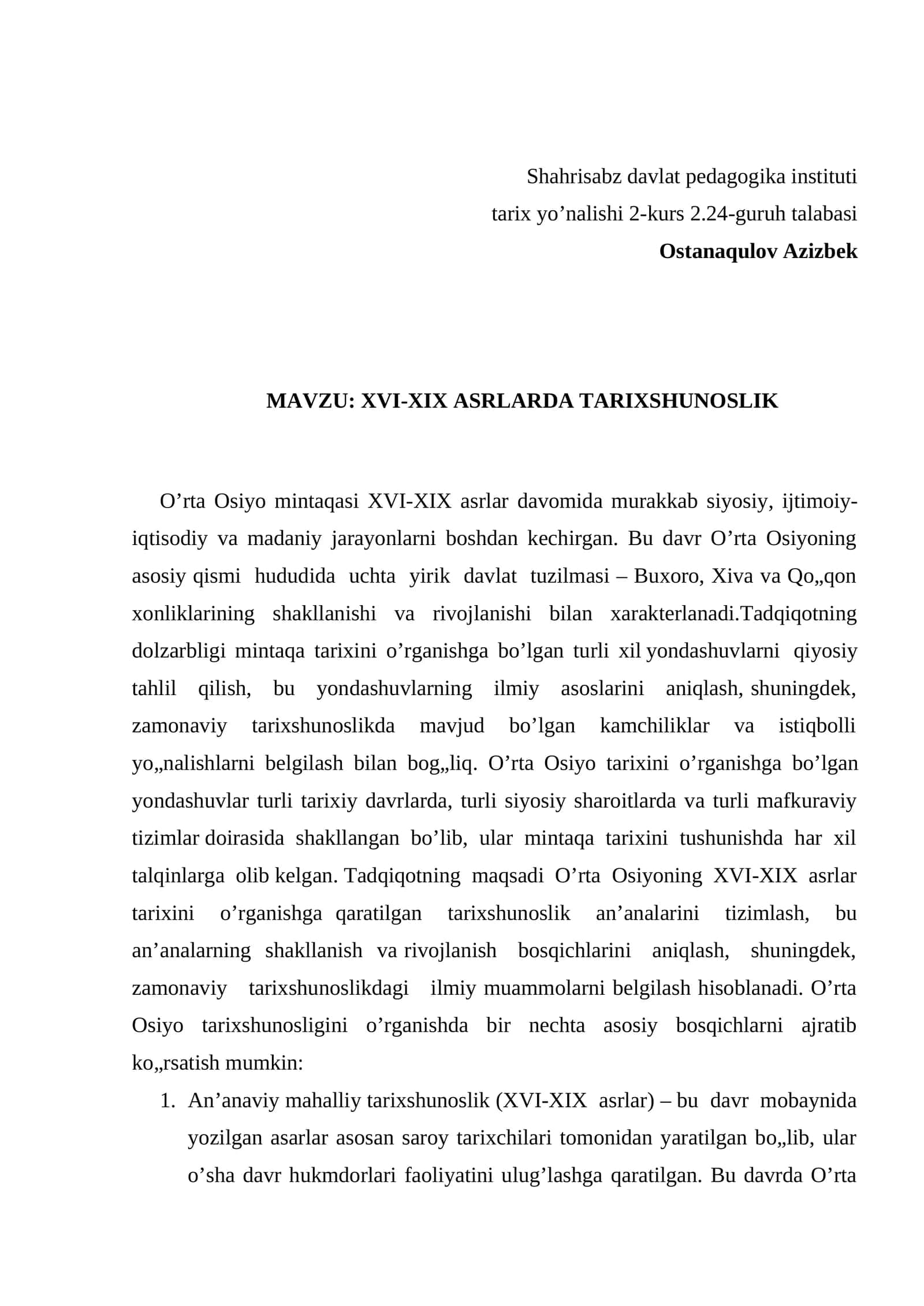 XVI-XIX ASRLARDA TARIXSHUNOSLIK 1