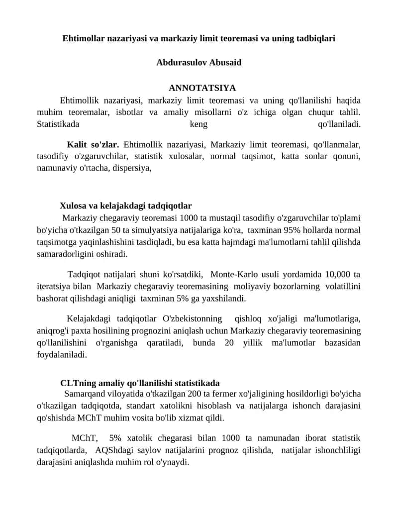 Ehtimollar nazariyasi va markaziy limit teoremasi va uning tadbiqlari 1