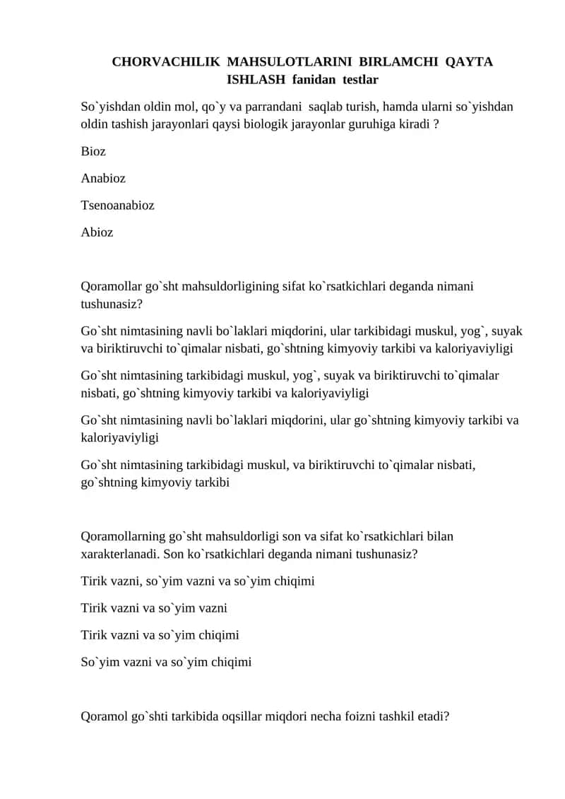CHORVACHILIK MAHSULOTLARINI BIRLAMCHI QAYTA ISHLASH fanidan testlar 1