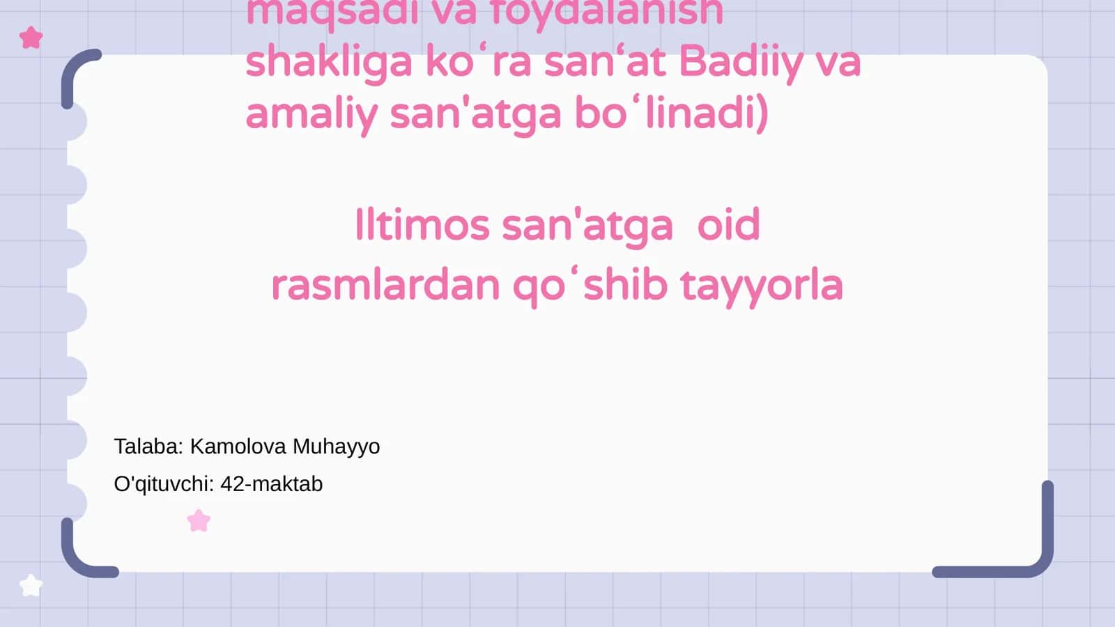 San‘at (yaratilish maqsadi va foydalanish shakliga koʻra san‘at Badiiy va amaliy san'atga boʻlinadi) 1